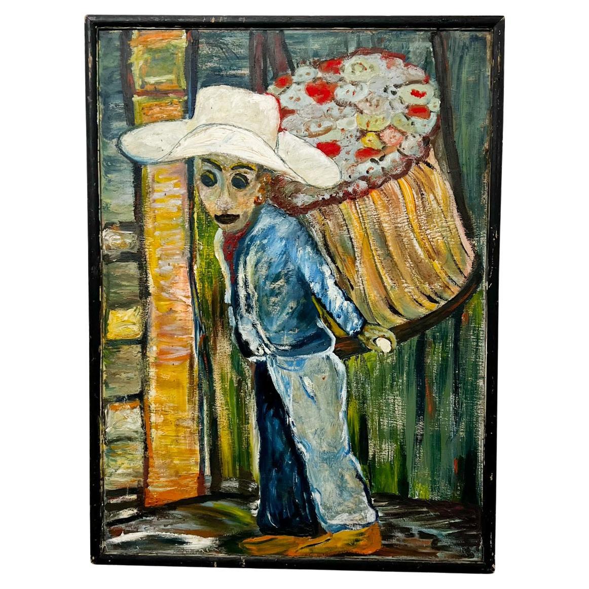 1970s Midcentury Painting Latin American Art Flower Vendor Oil on Wood