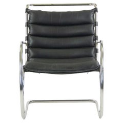 1970s Mies Van Der Rohe for Knoll MR Black Leather & Chrome Lounge Chairs w/ Arm