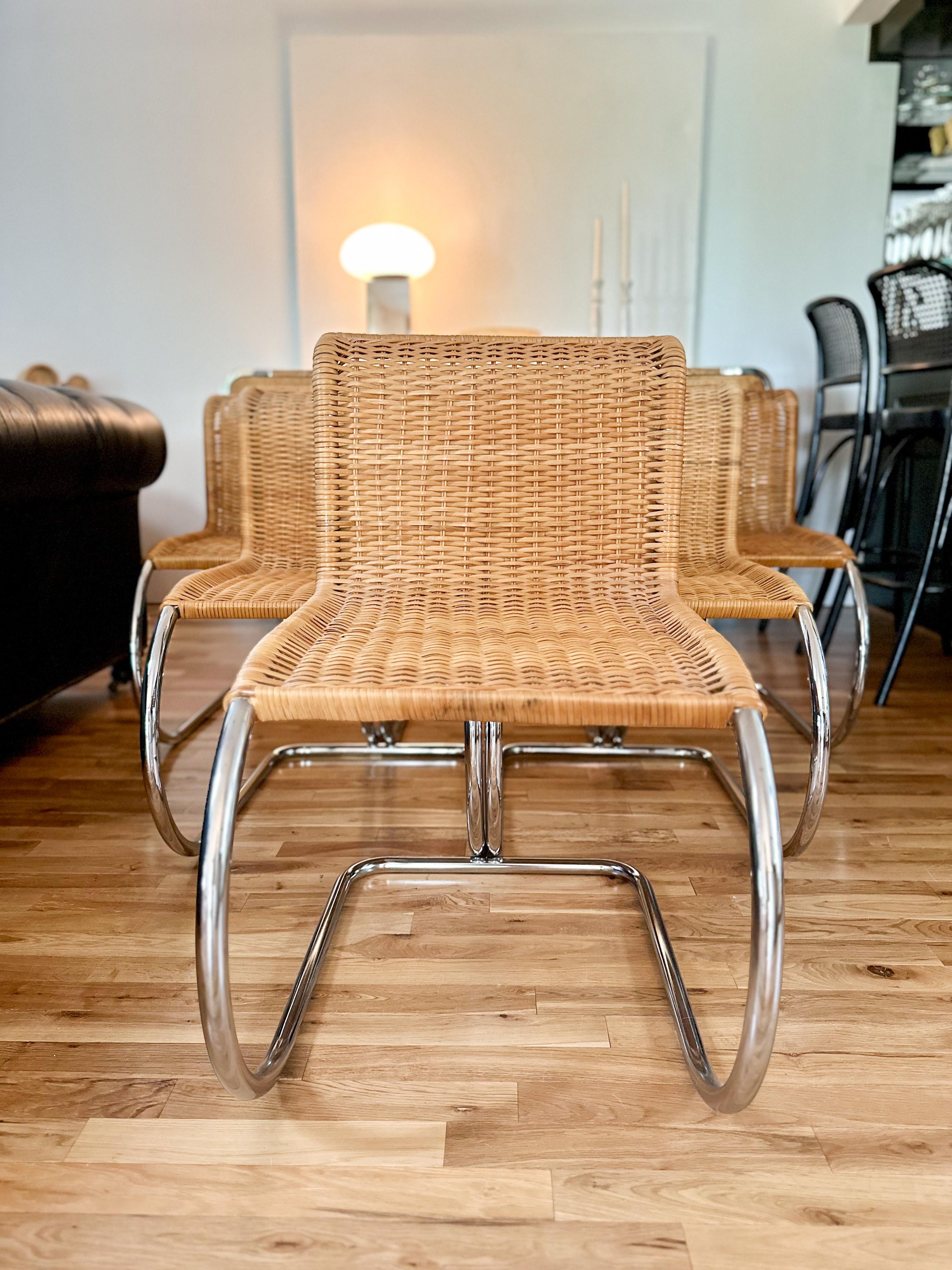 Fantastic and hard-to-find set of six 'MR10' rattan side chairs designed by Mies van Der Rohe for Knoll, c.1970s. These Bauhaus icons were first designed by renowned architect Ludwig Mies van der Rohe in Germany in 1927, a true testament to the