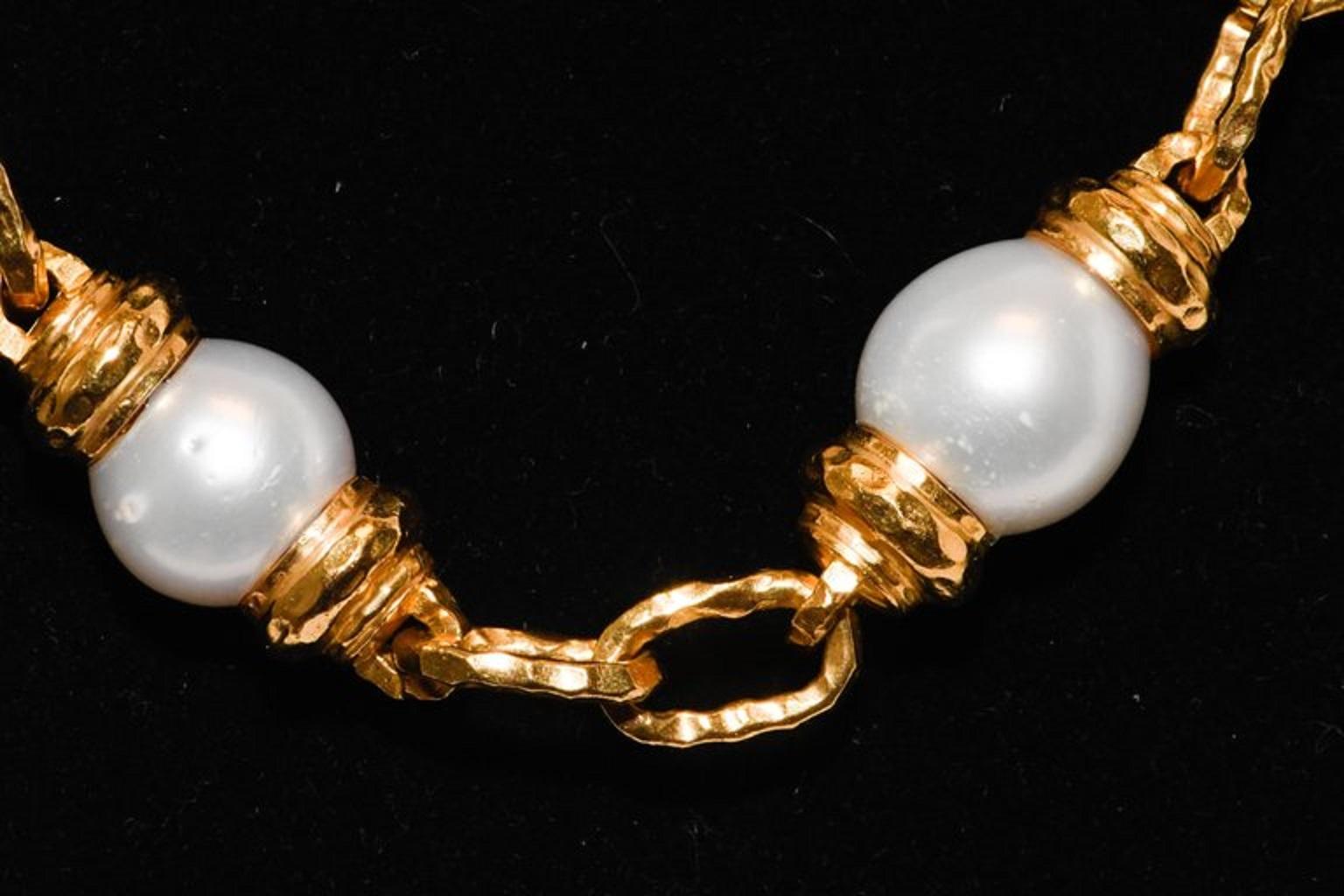 Artisan 1970s Migliore 22 Karat Hand Fabricated One of a Kind South Sea Pearls Necklace For Sale