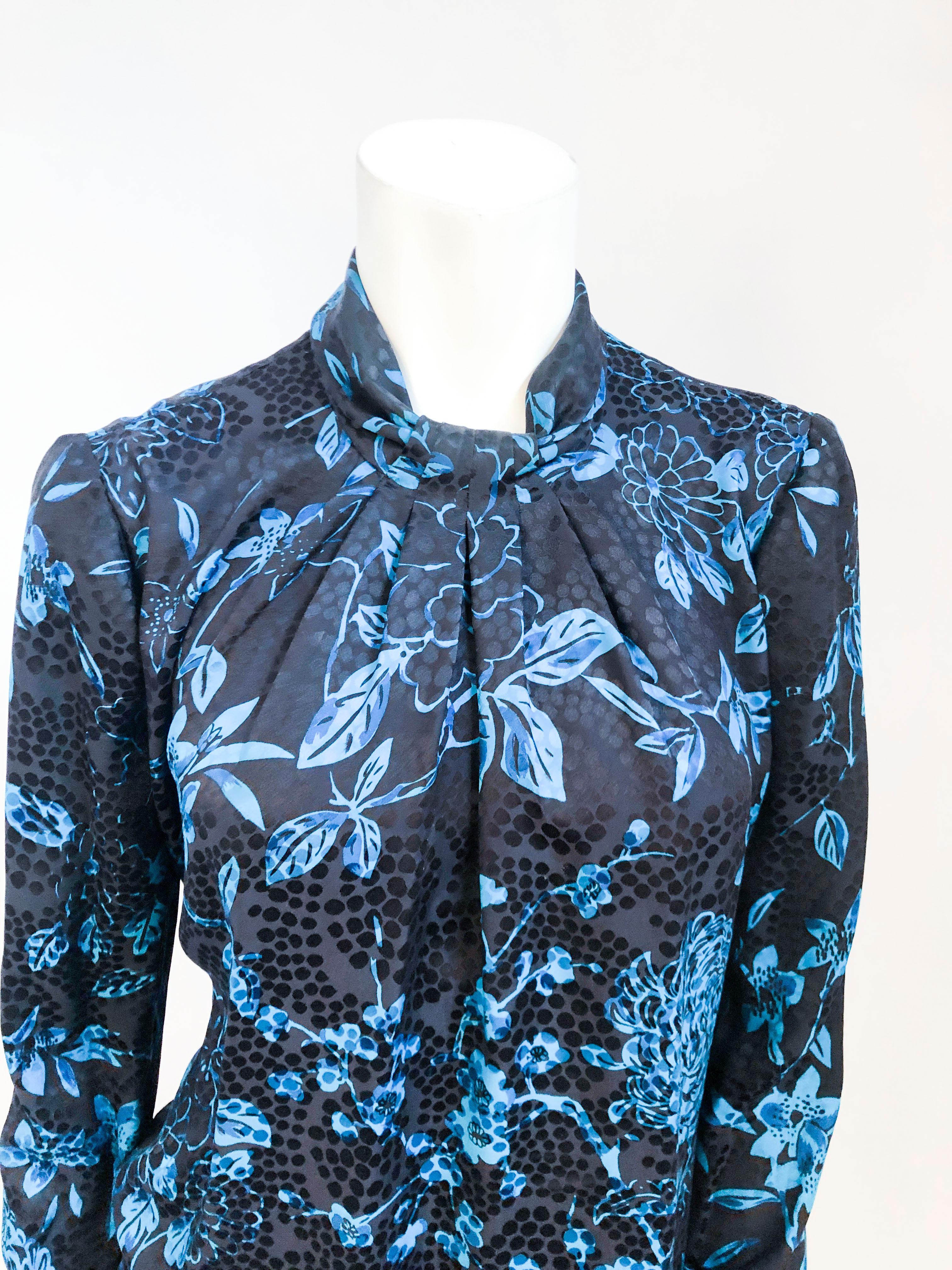 Blue 1970's Mila Schön Floral Printed Silk Jacquard Dress For Sale