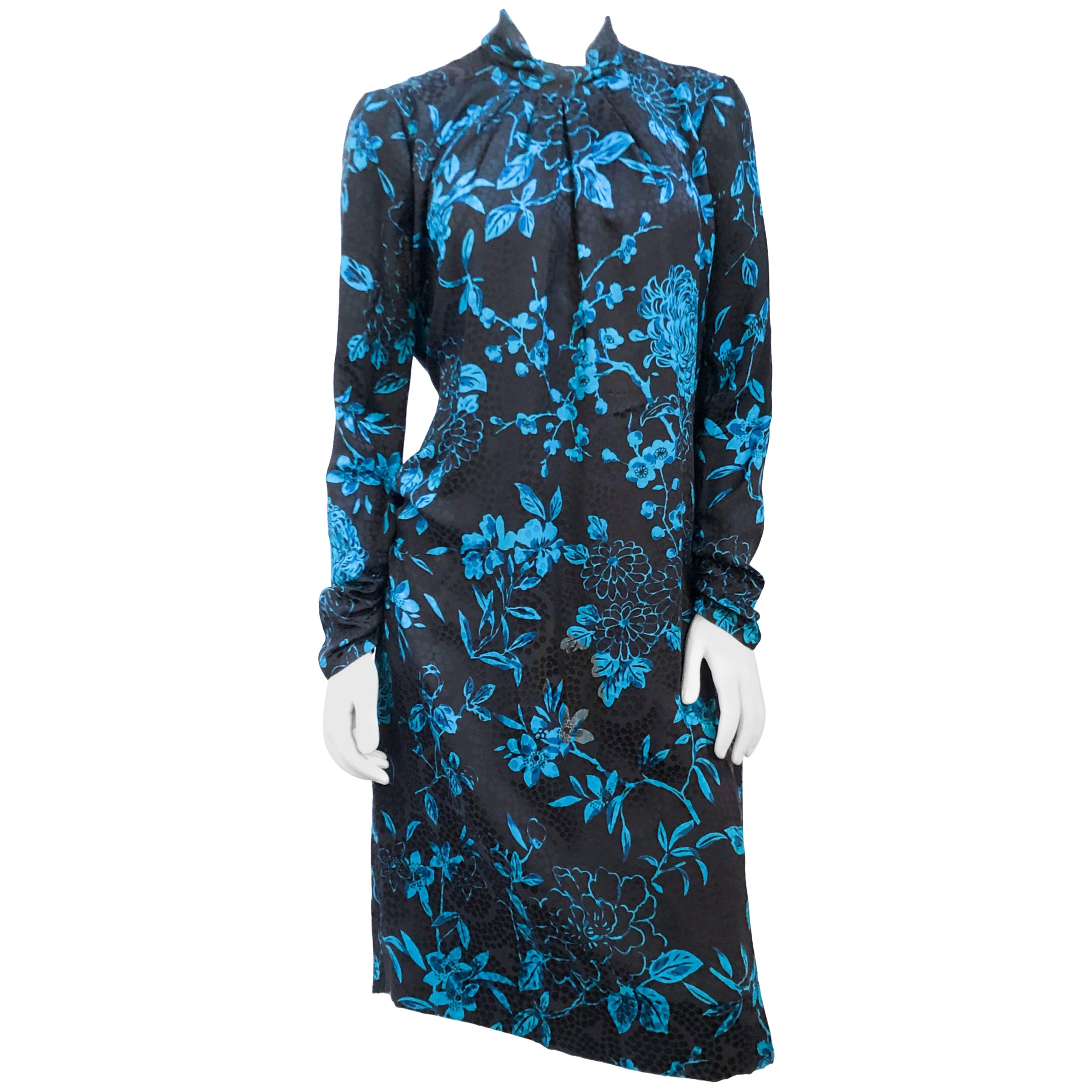 1970's Mila Schön Floral Printed Silk Jacquard Dress For Sale