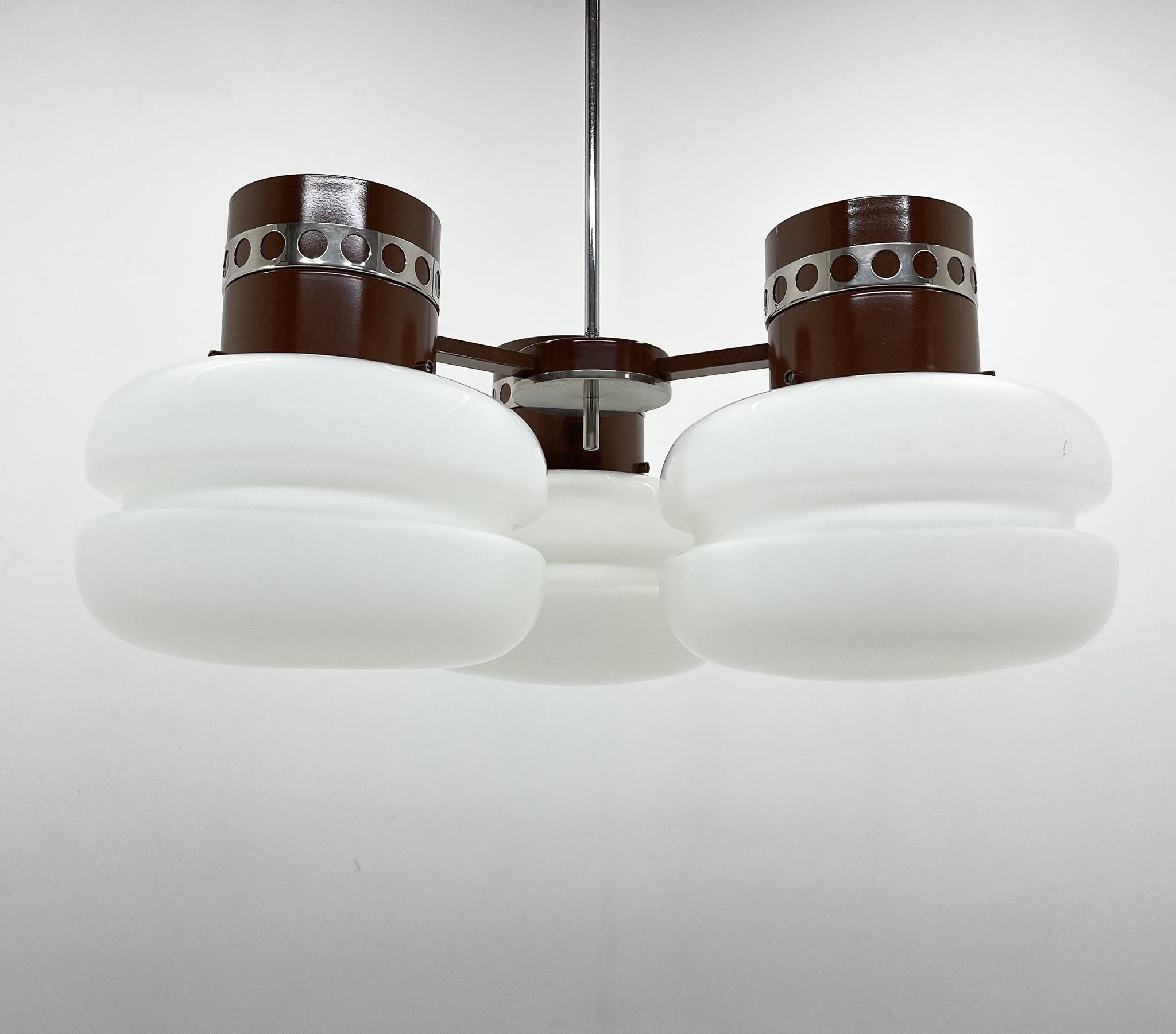 1970's Milk Glass and Metal Chandelier by Napako, Marked For Sale 4