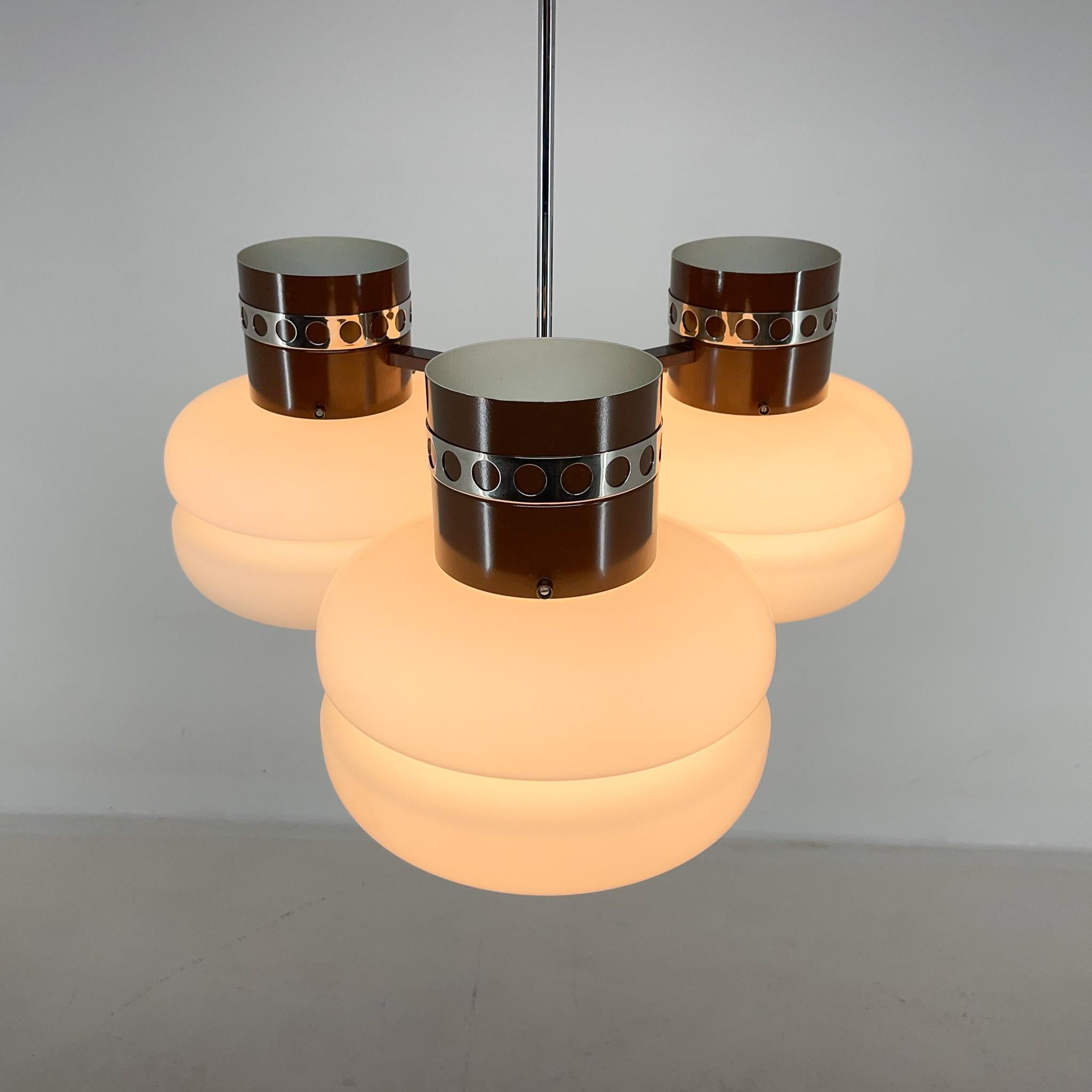 Mid-Century Modern 1970's Milk Glass and Metal Chandelier by Napako, Marked For Sale