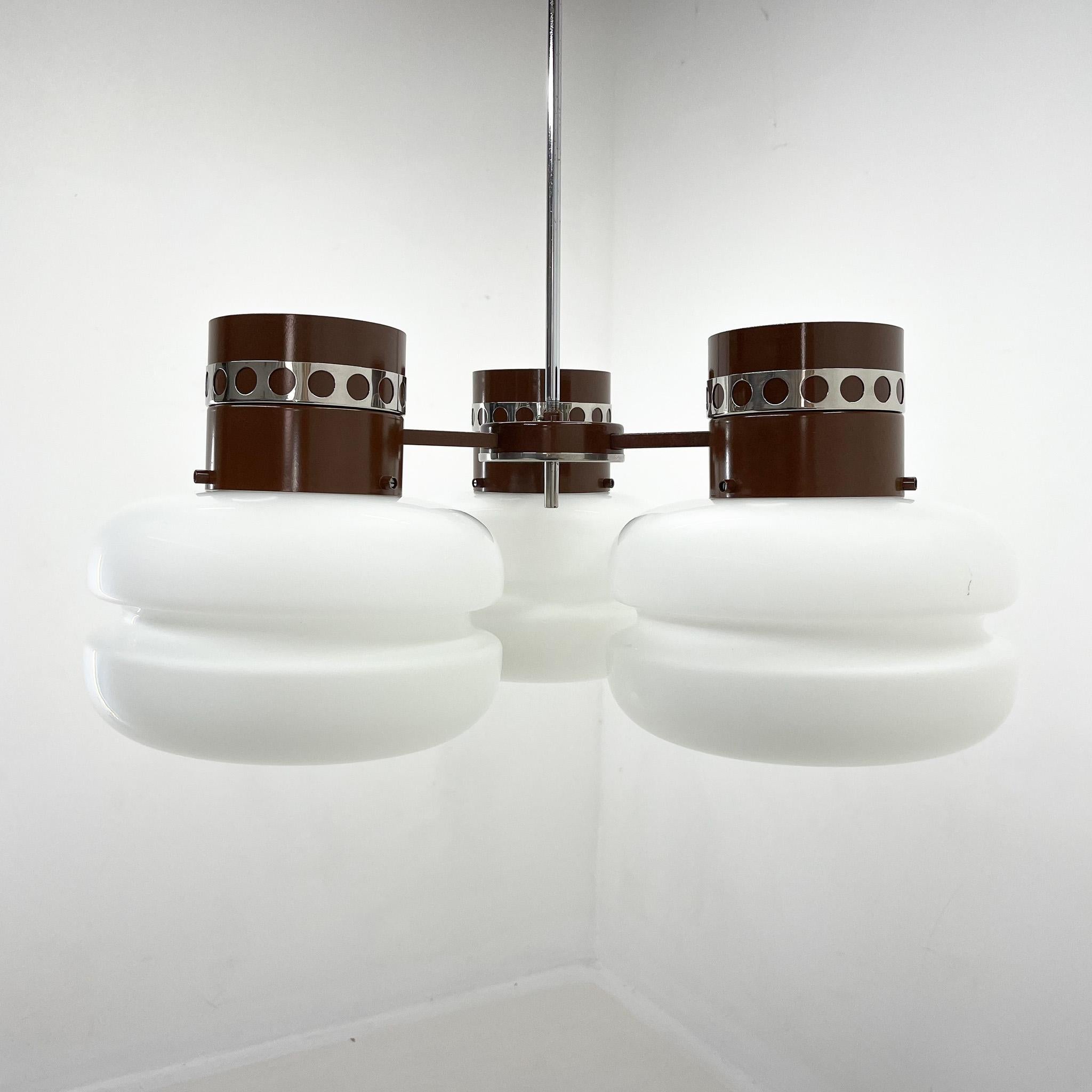 1970's Milk Glass and Metal Chandelier by Napako, Marked In Good Condition For Sale In Praha, CZ