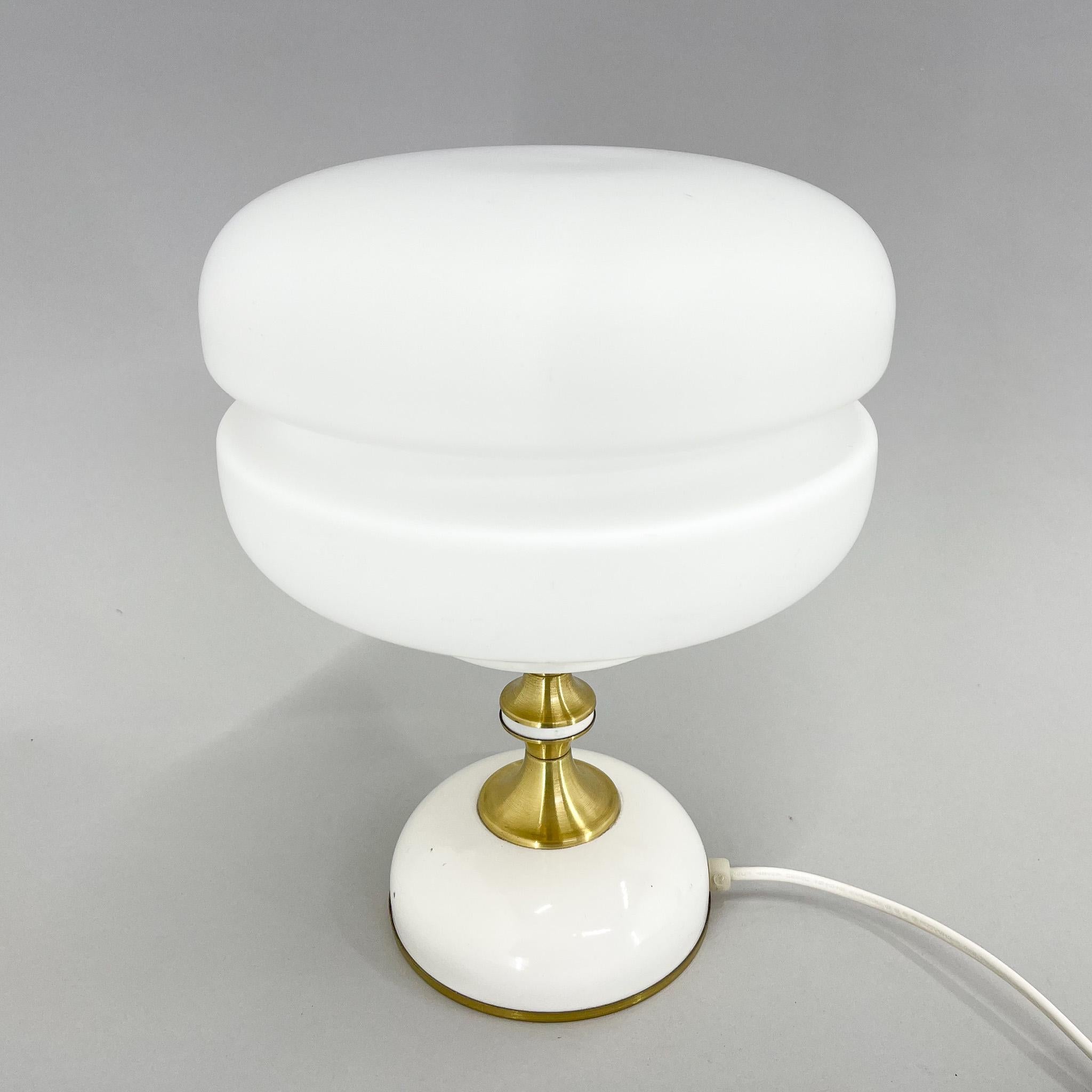 Mid-Century Modern 1970s Milk Glass Brass Table Lamp by Napako For Sale