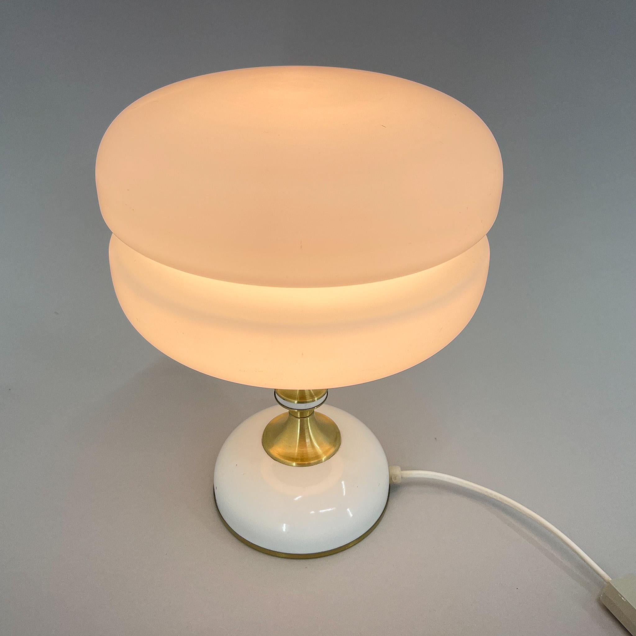 Czech 1970s Milk Glass Brass Table Lamp by Napako For Sale