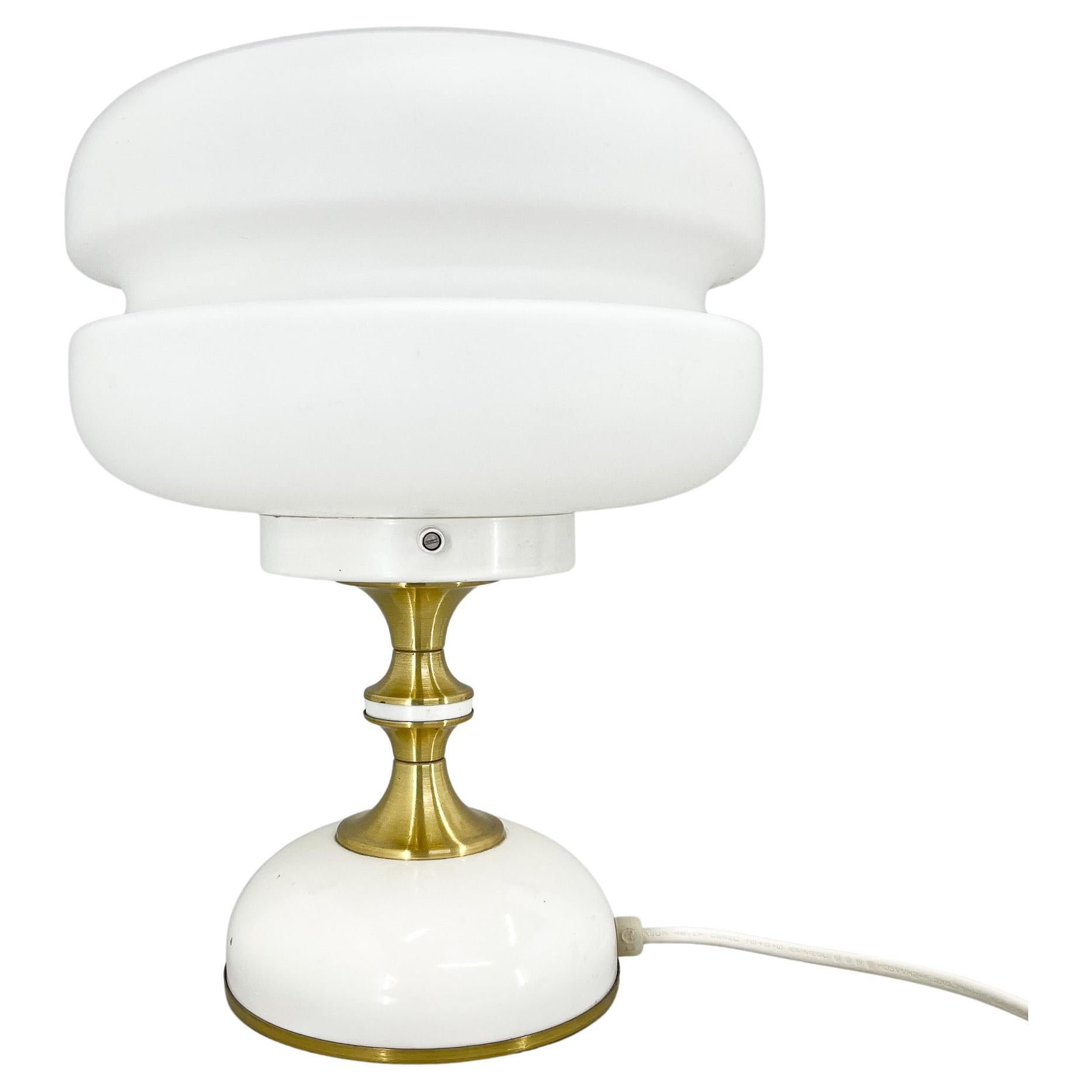 1970s Milk Glass Brass Table Lamp by Napako For Sale