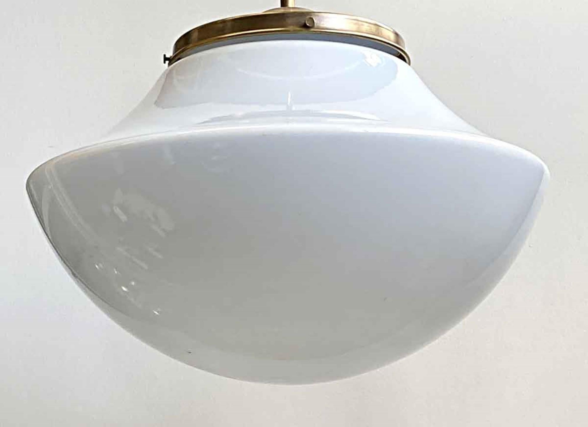 Mid-Century Modern 1970s Milk White Mushroom Schoolhouse Globe Pendant Light with Brass Hardware