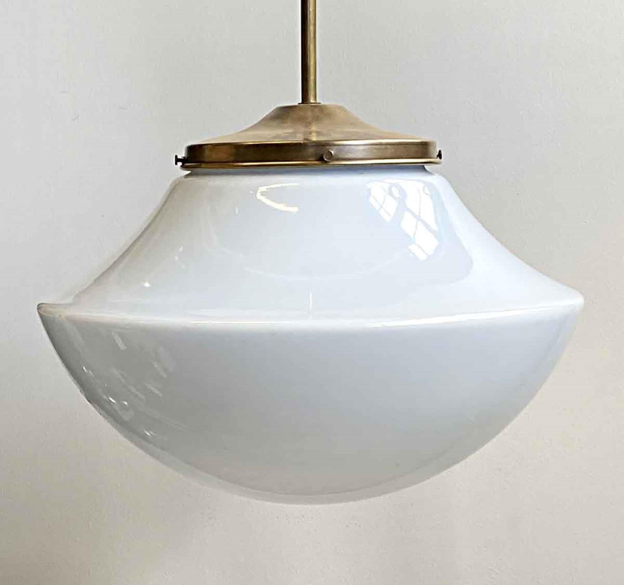 American 1970s Milk White Mushroom Schoolhouse Globe Pendant Light with Brass Hardware