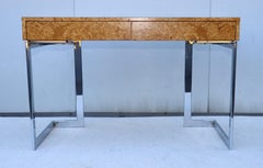 1970's Milo Baughman Attributed Burl-wood And Chrome Two Drawer Desk