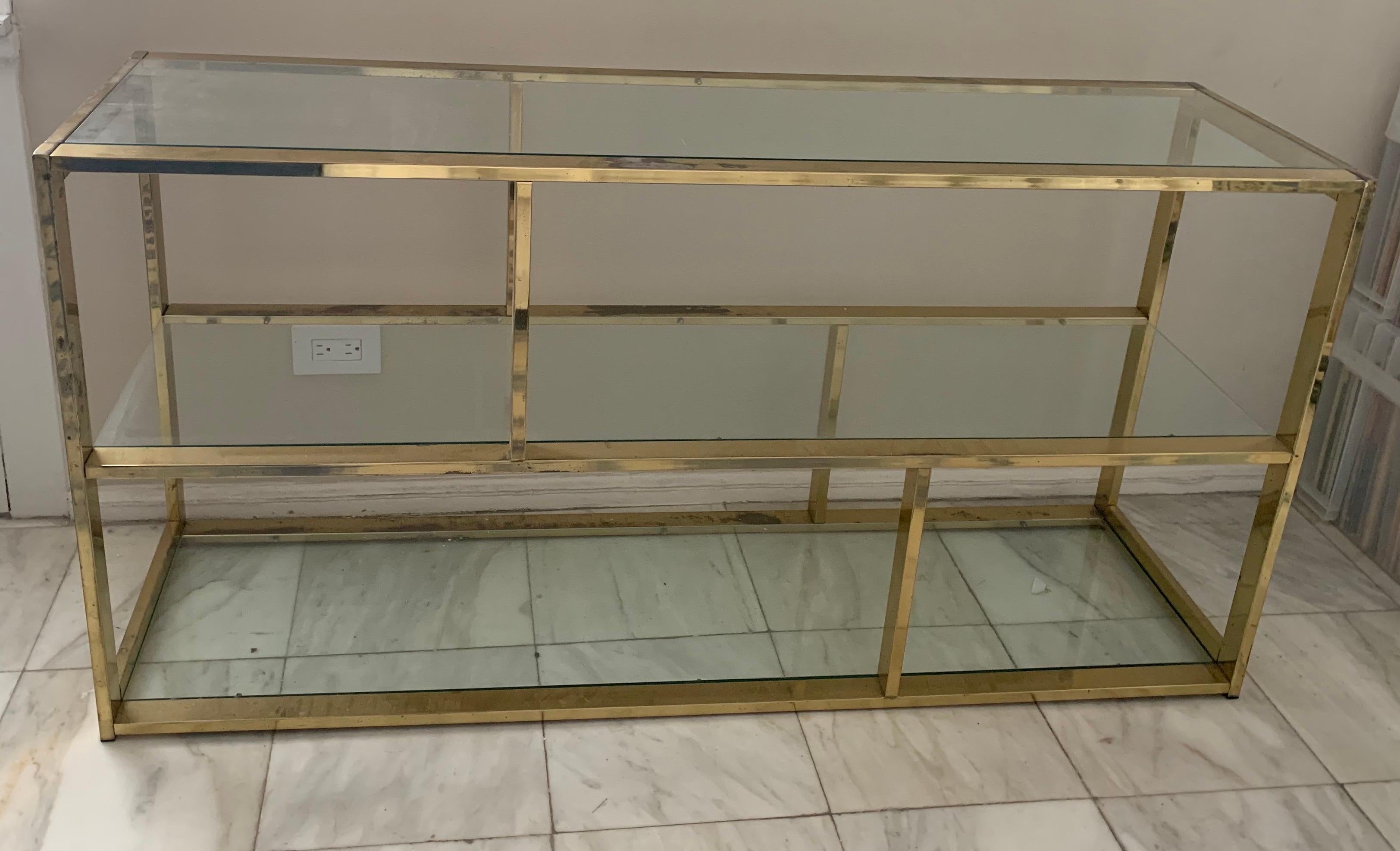 American 1970s Milo Baughman Brass and Glass Low Bookcase