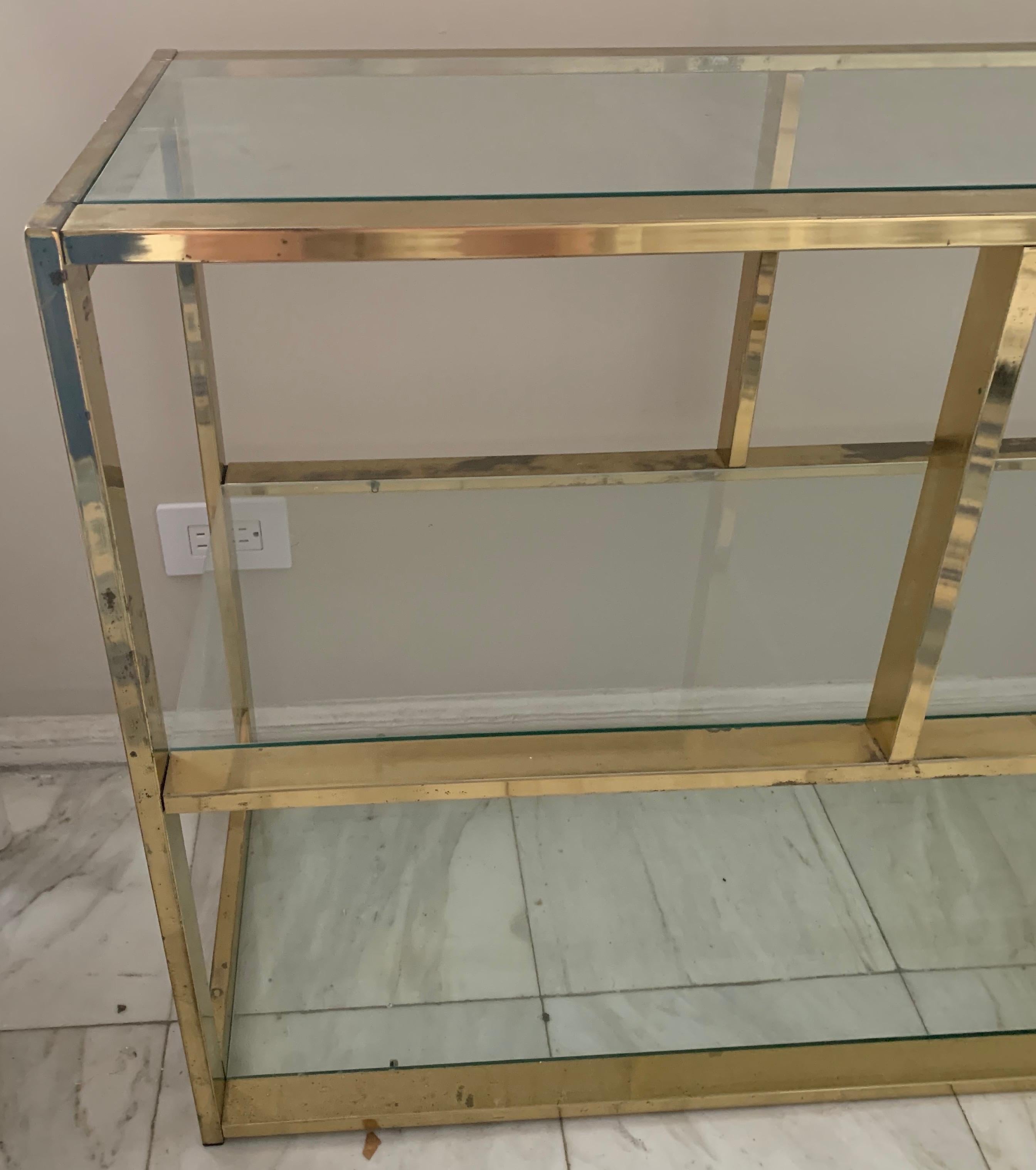 1970s Milo Baughman Brass and Glass Low Bookcase 2