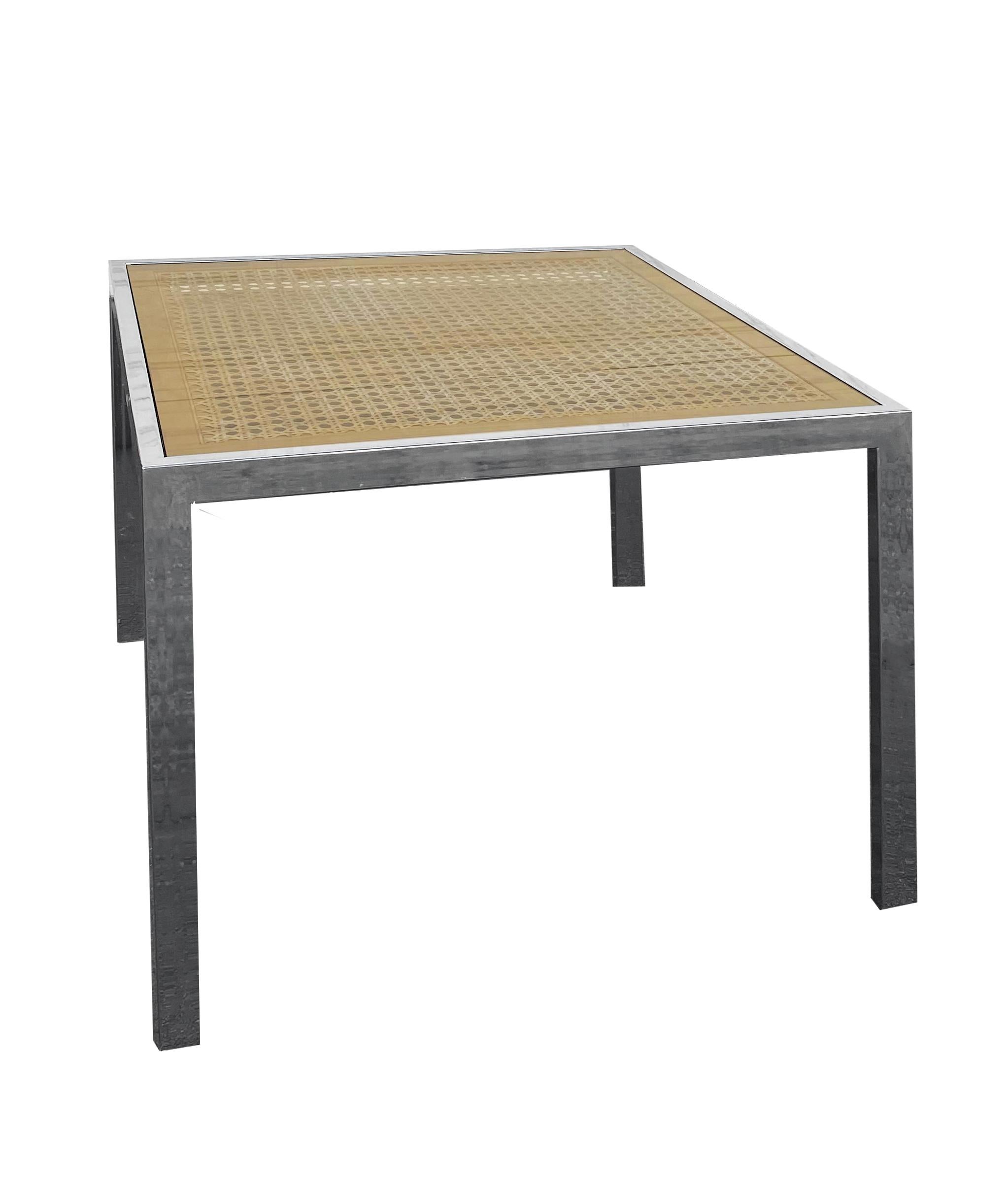 American 1970s Milo Baughman Cane and Chrome Glass Dining Table