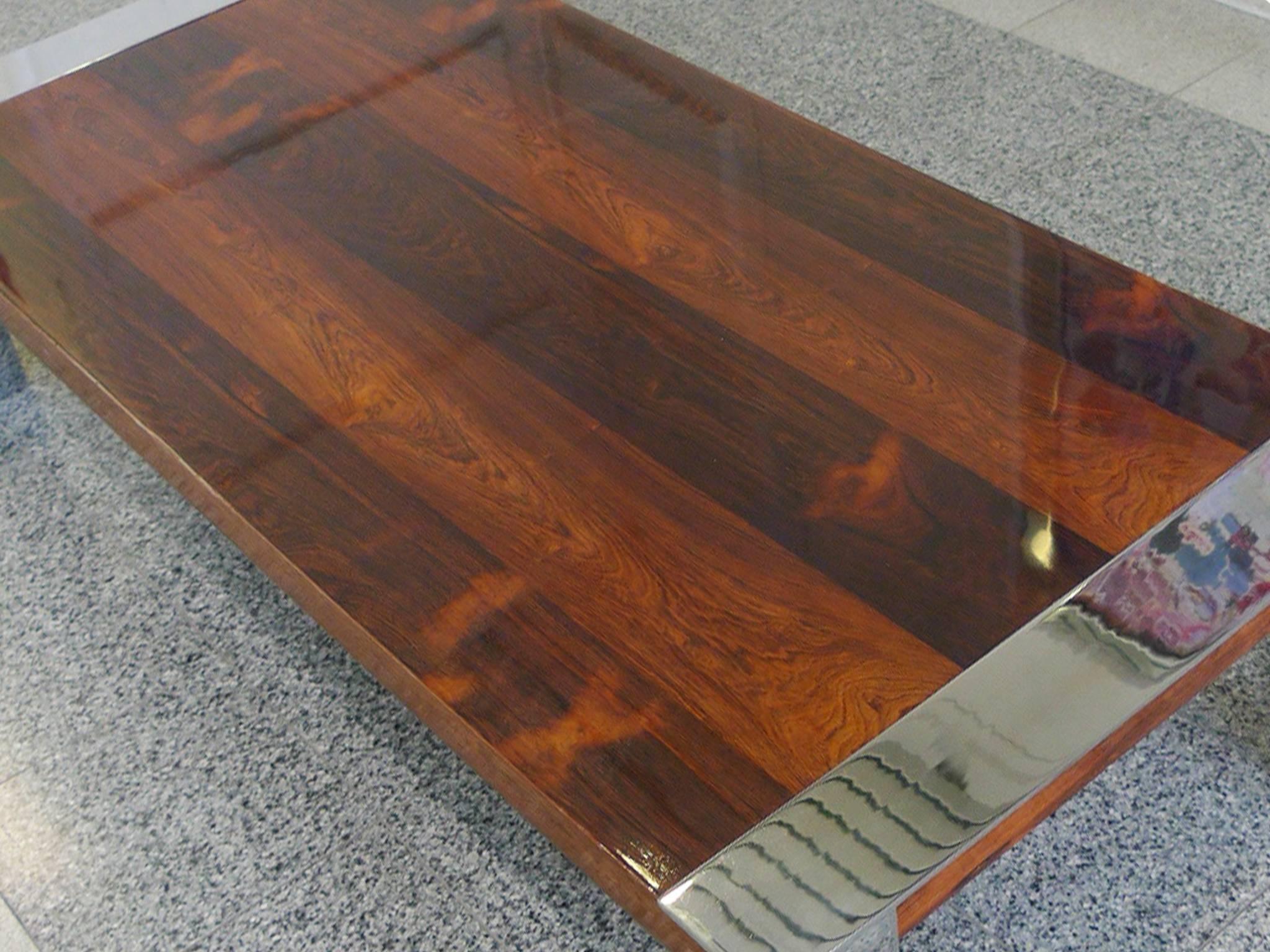 1970s Milo Baughman Style Chrome and Rosewood Coffee Table In Excellent Condition In New York, NY