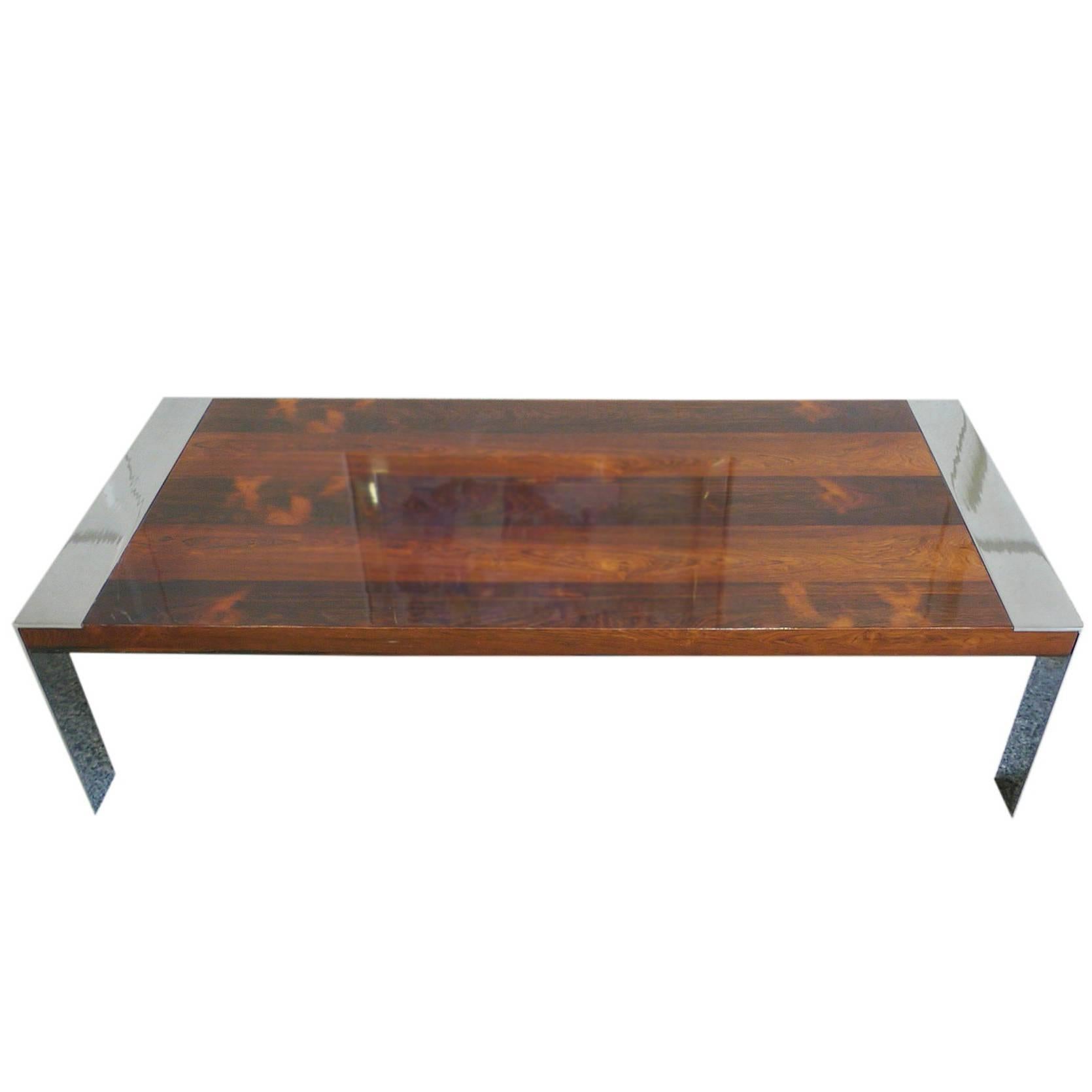 1970s Milo Baughman Style Chrome and Rosewood Coffee Table