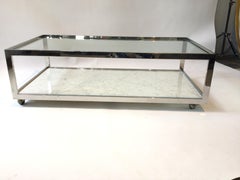 1970s Milo Baughman Chrome, Glass, Marble, Coffee Table on Wheels