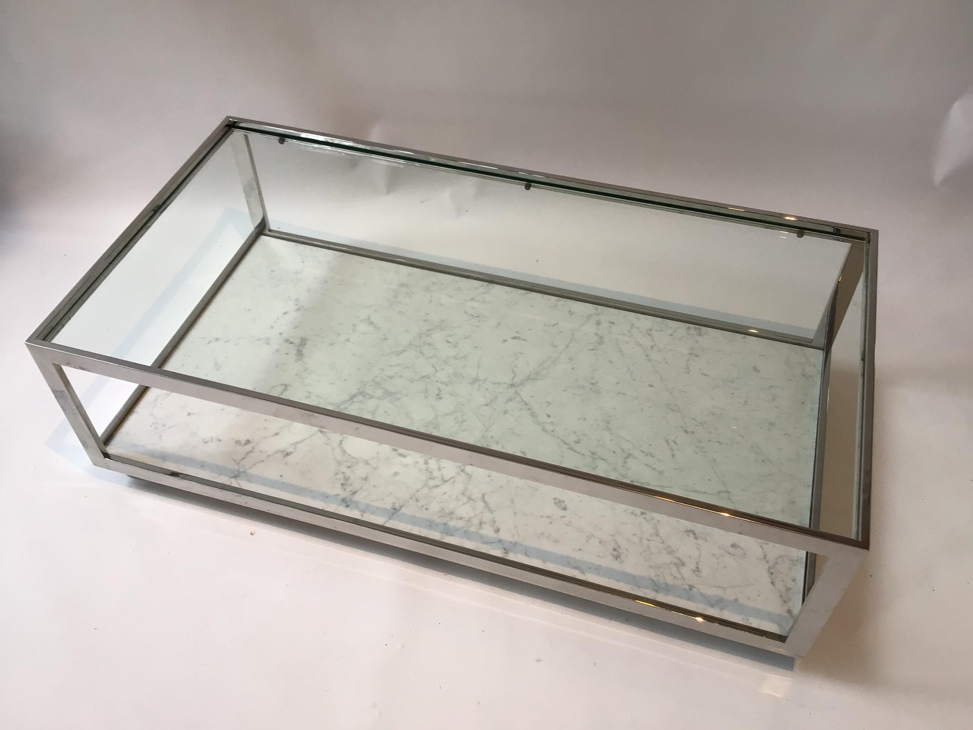 1970s Milo Baughman Chrome, Glass, Marble, Coffee Table on Wheels In Good Condition For Sale In Tarrytown, NY