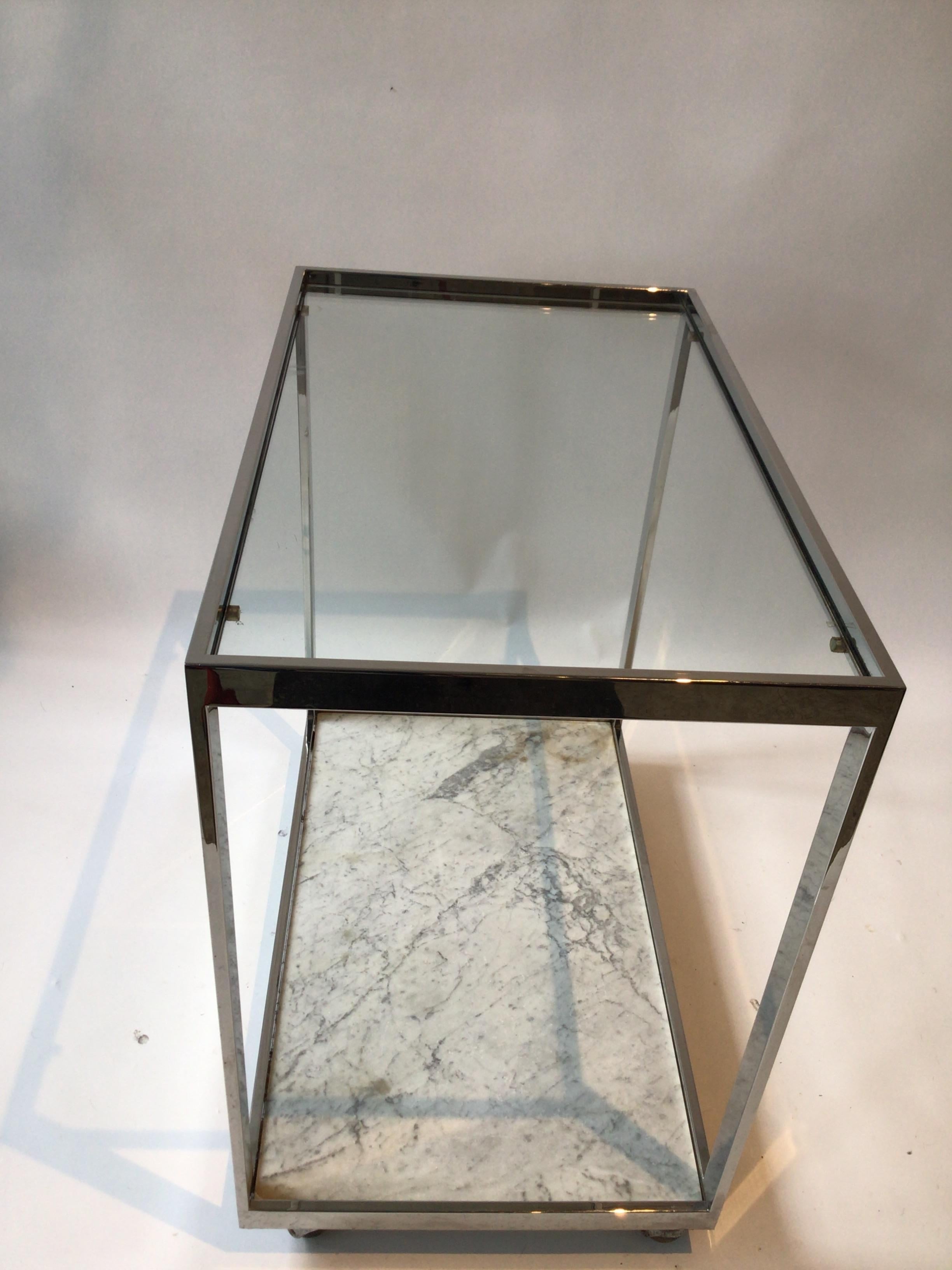 Late 20th Century 1970s Milo Baughman Chrome Marble and Glass Bar Cart For Sale
