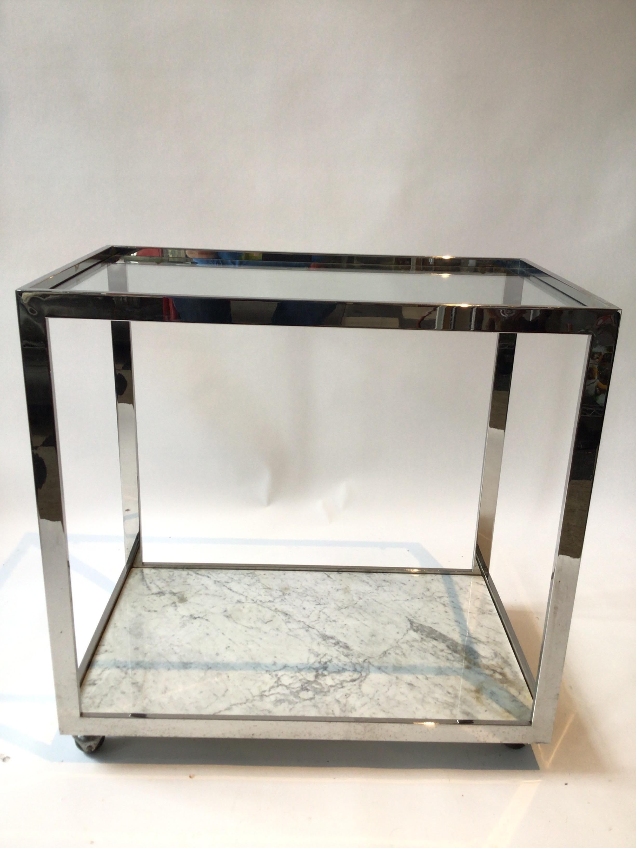 1970s Milo Baughman Chrome Marble and Glass Bar Cart For Sale 1