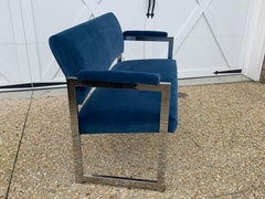 Milo Baughman Style Chrome Settee in Blue Velvet, 1970s