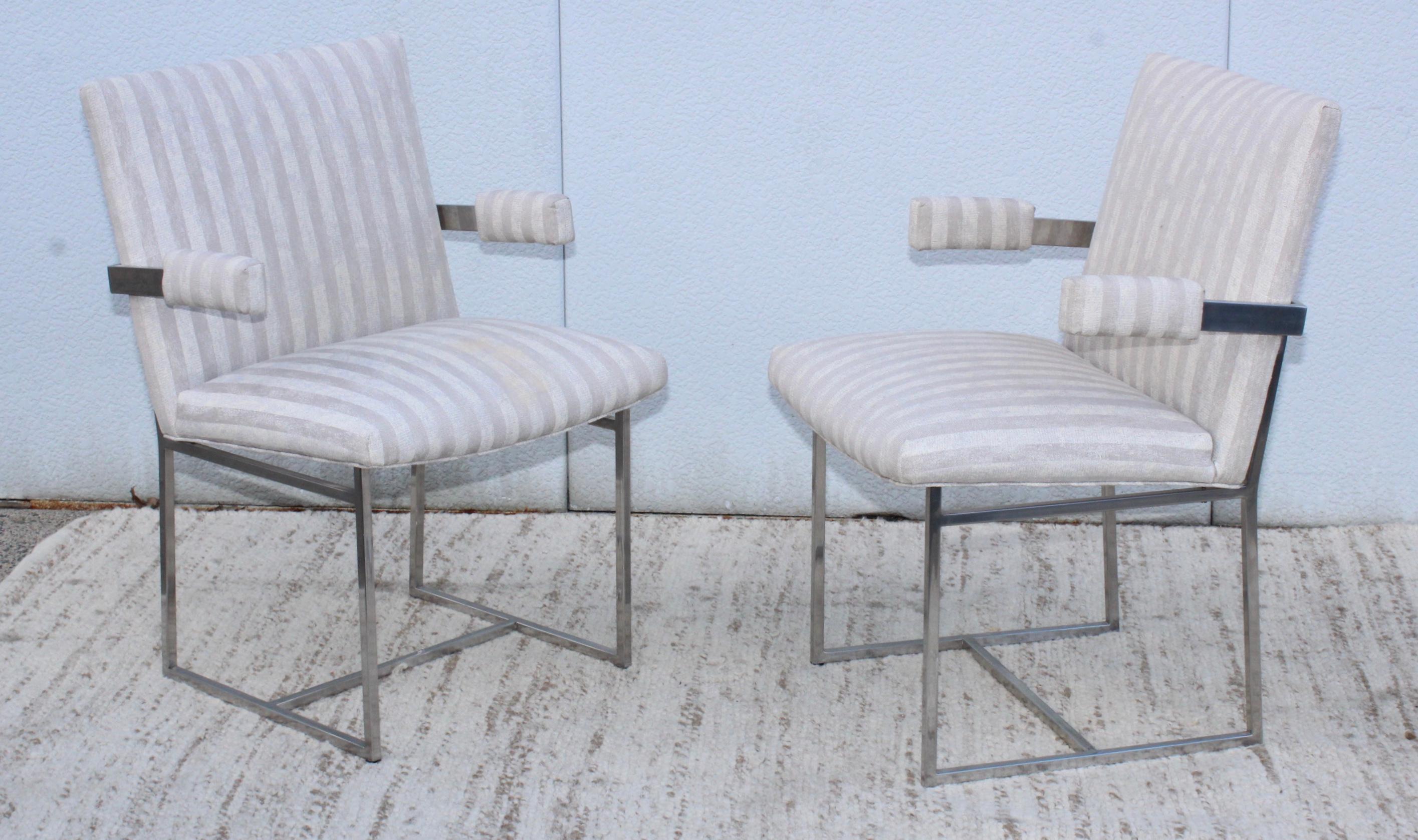 1970's Mid-Century Modern chrome side chairs designed by Milo Baughman for Thayer Coggin, in vintage original condition with minor wear and patina, they need new upholstery.