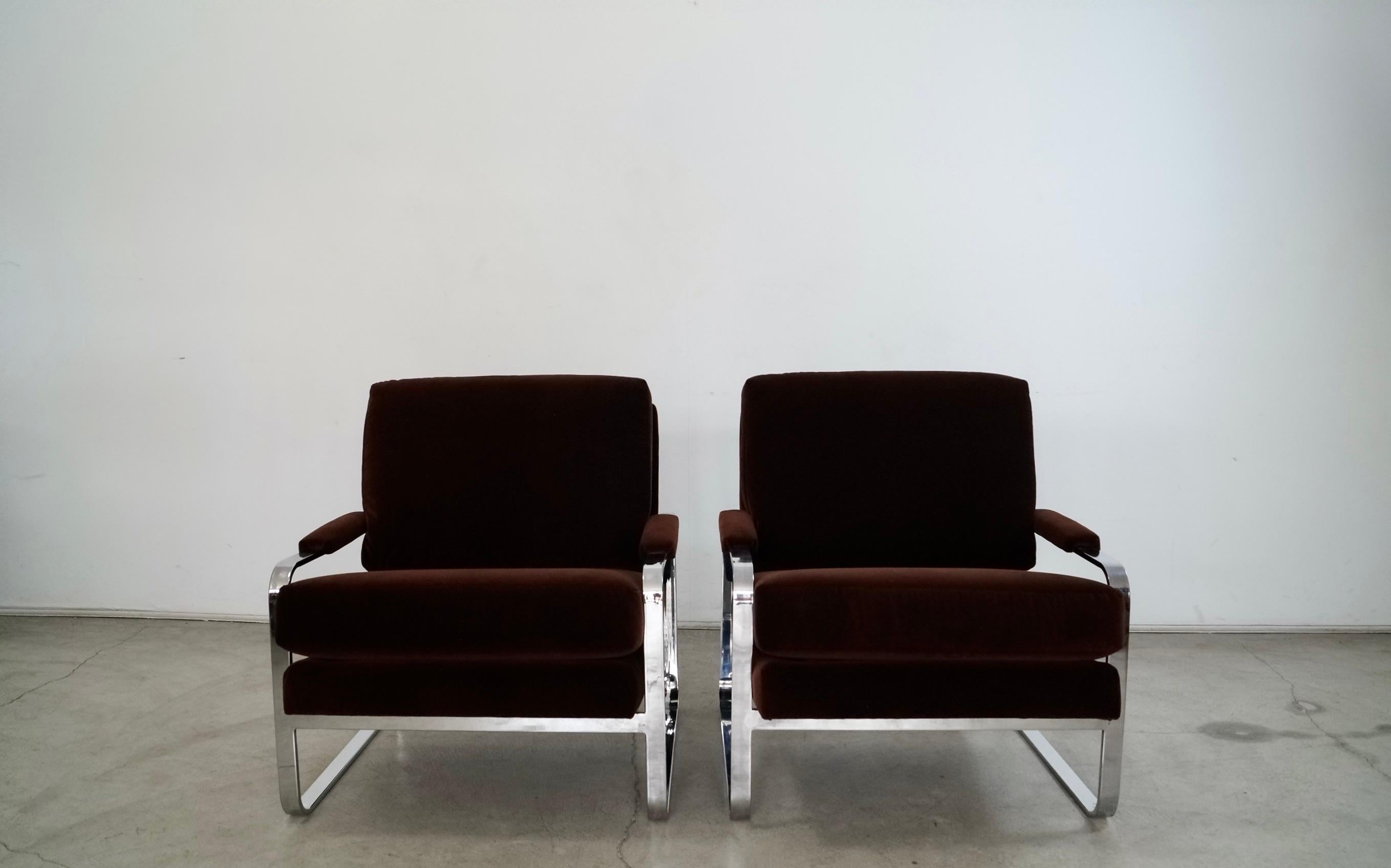 Mid-Century Modern 1970's Milo Baughman Chrome & Velvet Lounge Chairs - a Pair