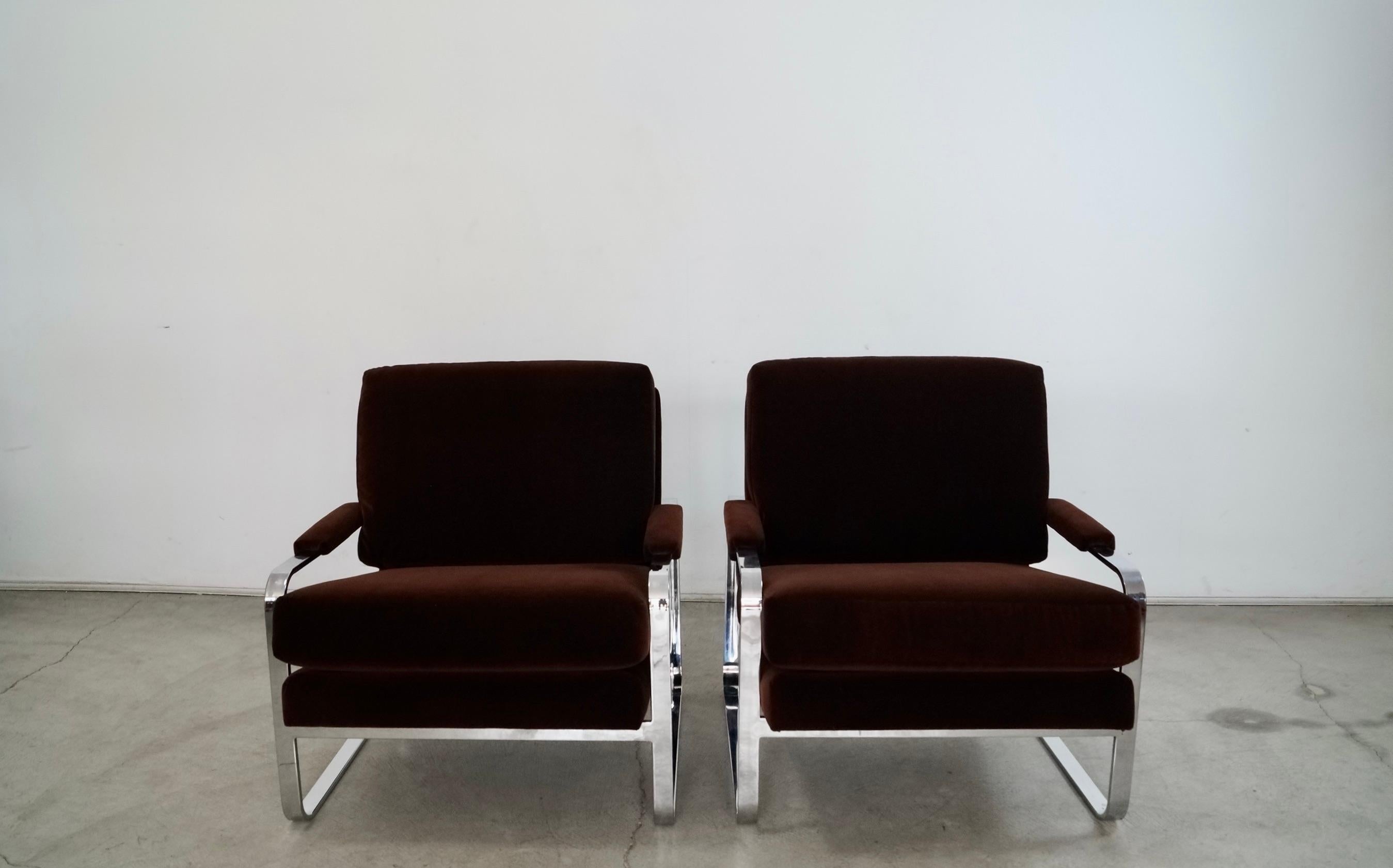 American 1970's Milo Baughman Chrome & Velvet Lounge Chairs - a Pair