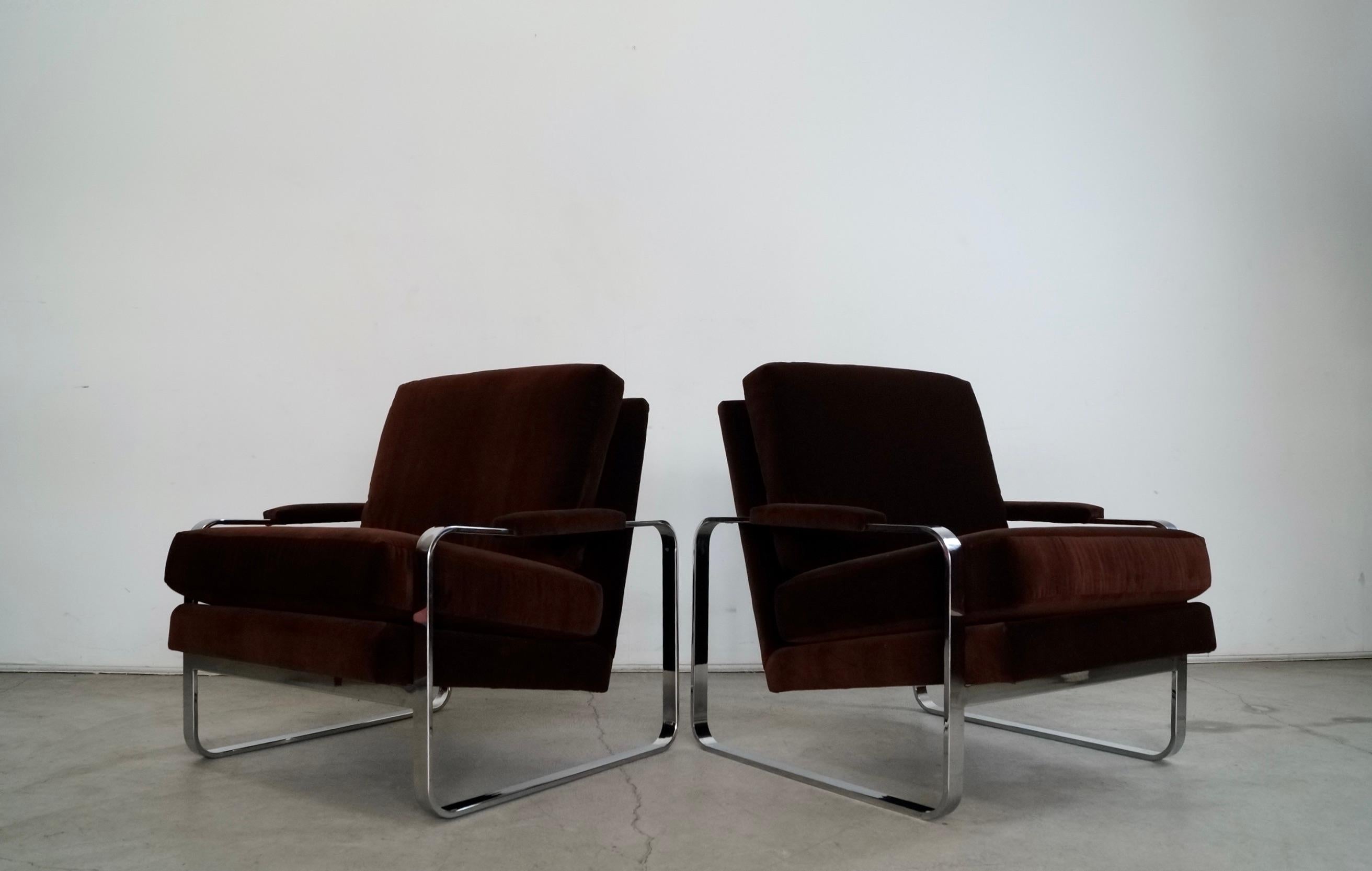 Late 20th Century 1970's Milo Baughman Chrome & Velvet Lounge Chairs - a Pair