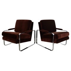 1970's Milo Baughman Chrome & Velvet Lounge Chairs - a Pair