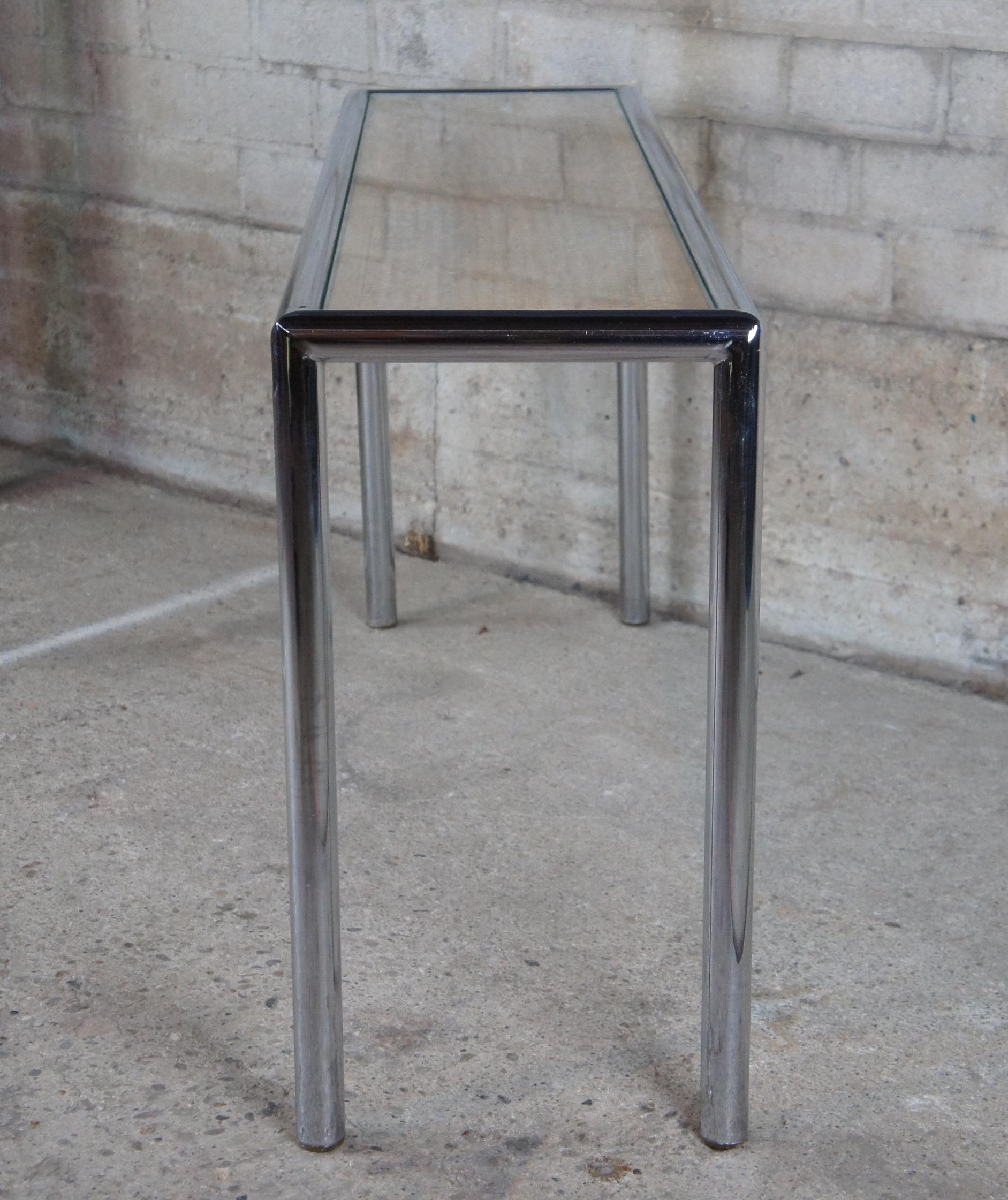 1970s Milo Baughman Design Institute Tubular Chrome Caned Sofa Console Table 2