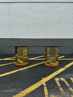 1970s Milo Baughman Double Pedestal Hexagonal Wood and Brass Table