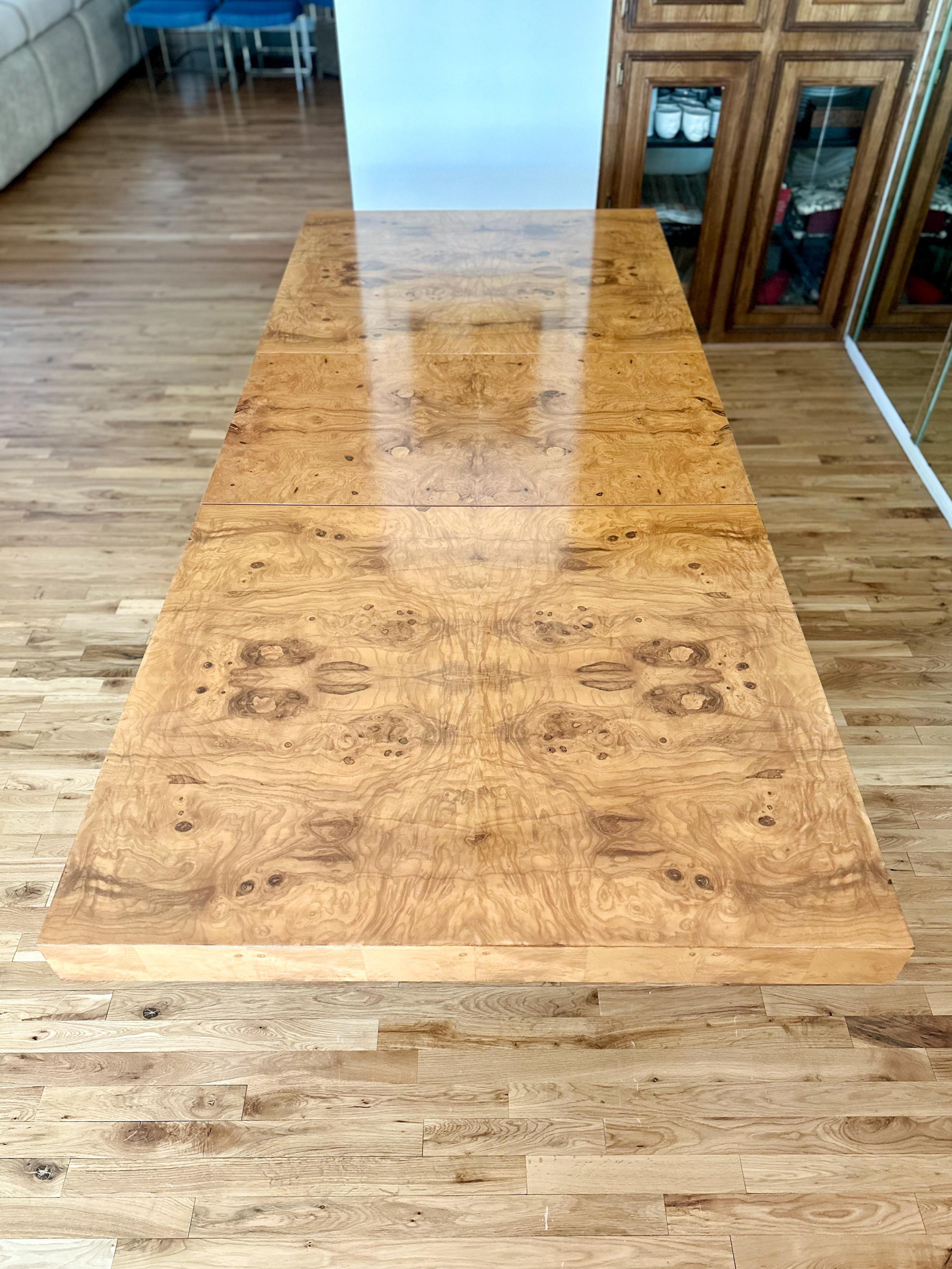American 1970s Milo Baughman Extendable Burl and Chrome Dining Table For Sale