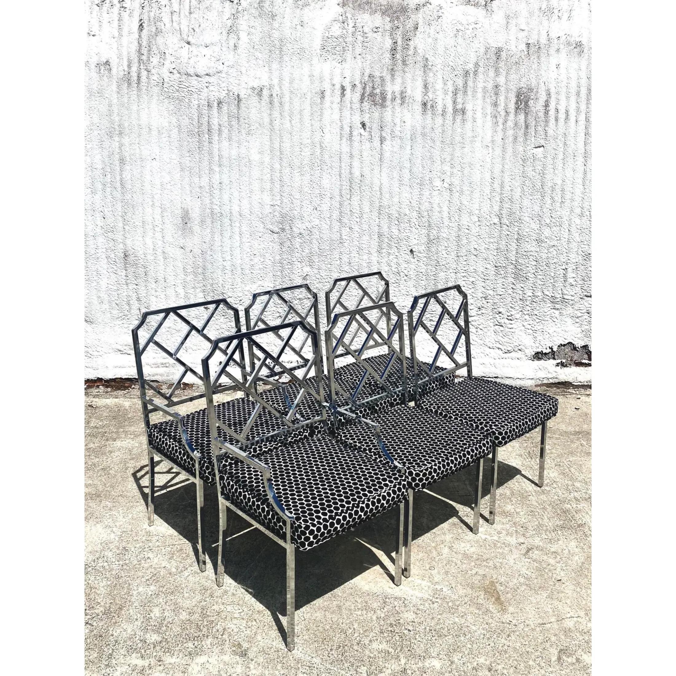 Incredible set of 6 mirror chrome dining chairs. Done in the Chinese Chippendale style with a black and white Devore upholstery. Designed by Milo Baughman for DIA. Unmarked. Acquired from a Palm Beach estate.