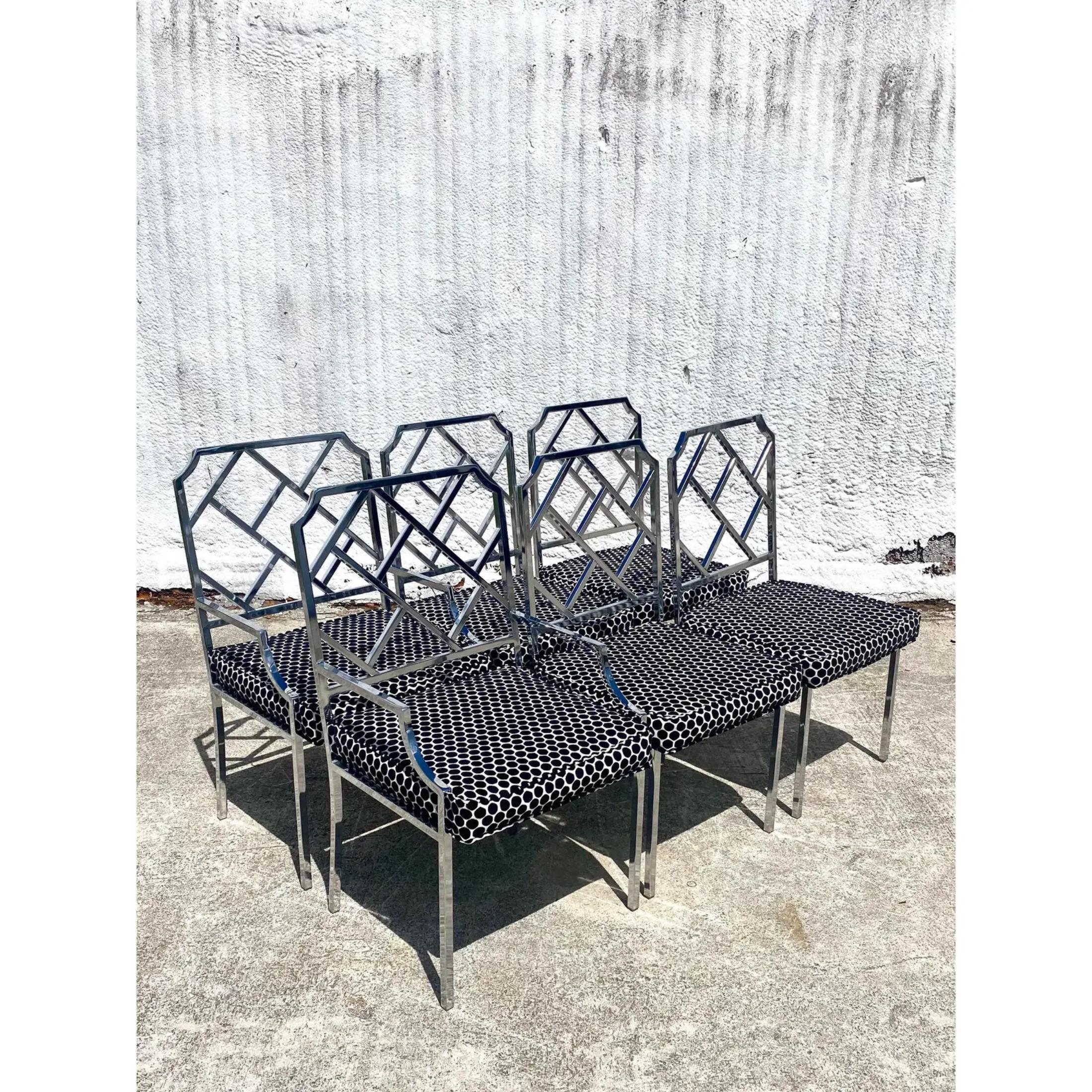 1970s Milo Baughman for Dia Chinese Chippendale Mirror Chrome Dining Chairs - Se In Good Condition In west palm beach, FL