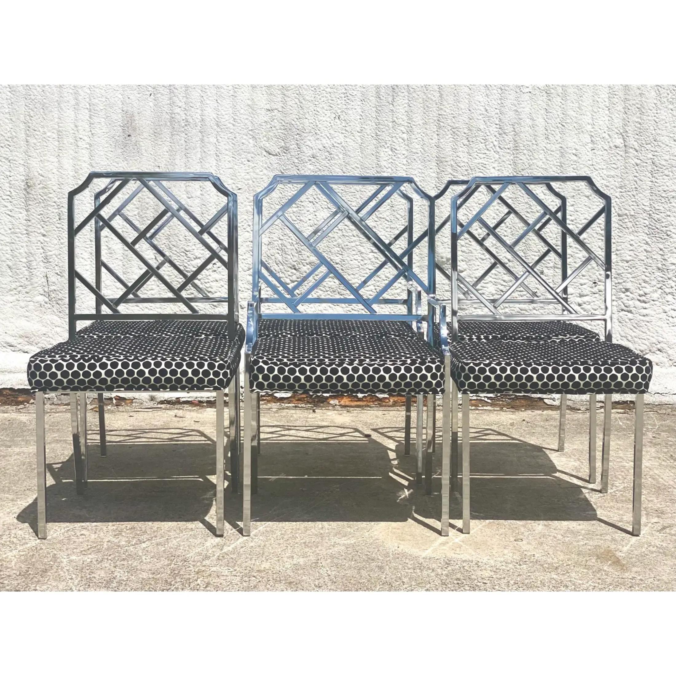 1970s Milo Baughman for Dia Chinese Chippendale Mirror Chrome Dining Chairs - Se 2