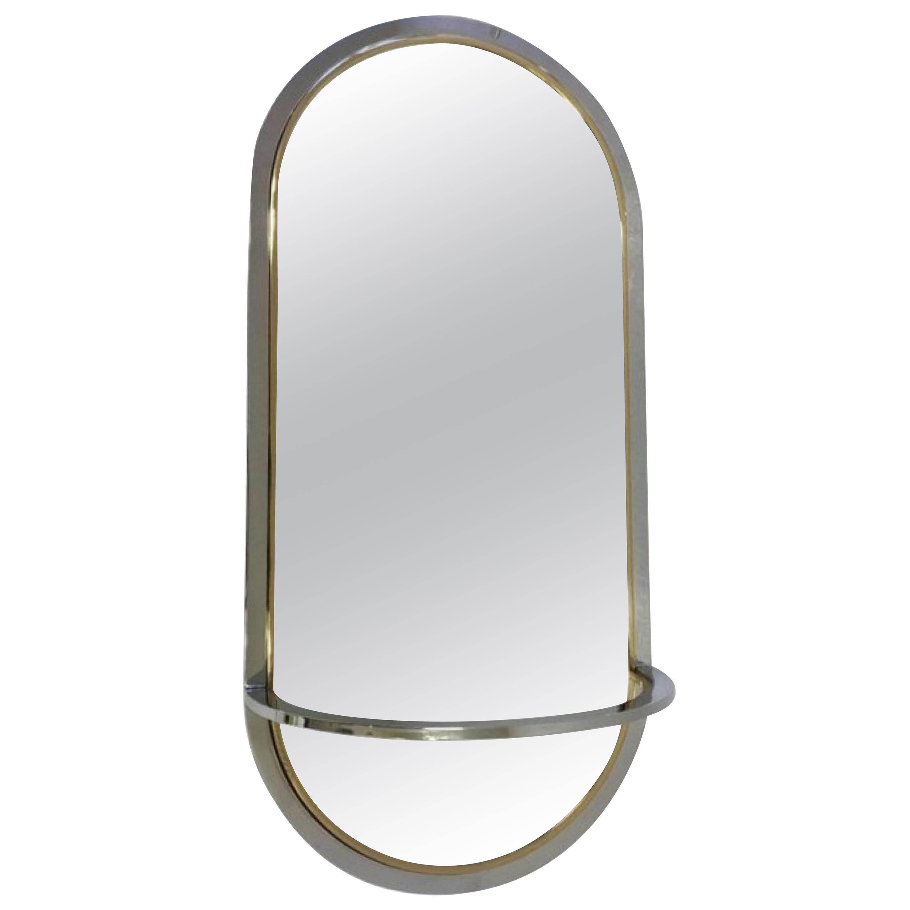 1970s Oval Chrome & Brass Mirror with Console for DIA  For Sale