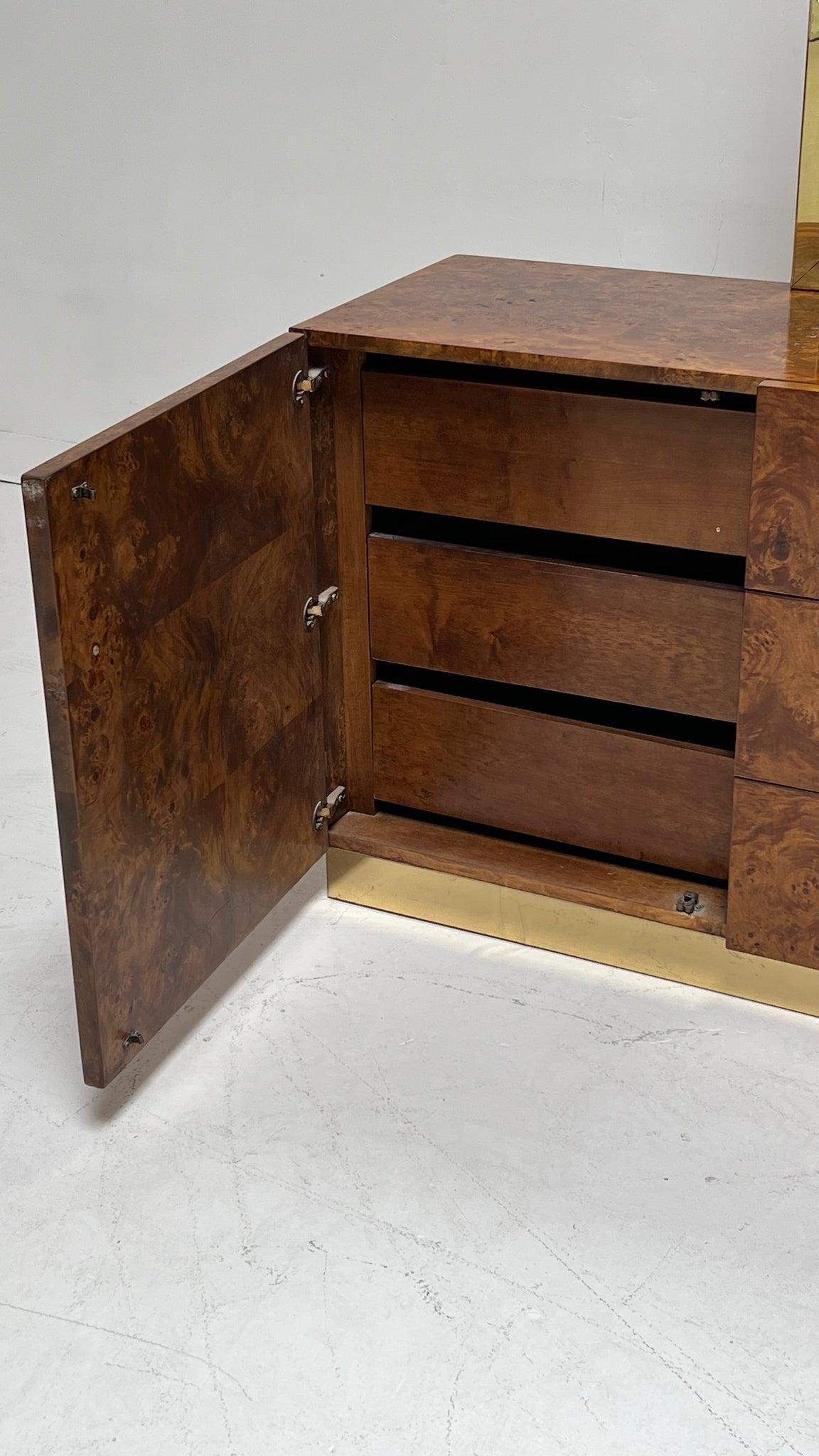 Late 20th Century 1970s Milo Baughman for Founders Burl Wood and Brass Buffet Credenza Dresser