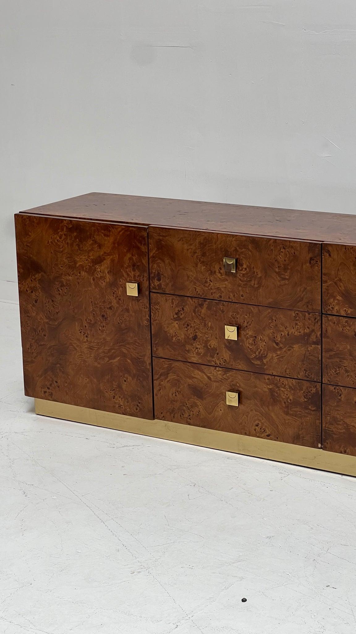 1970s Milo Baughman for Founders Burl Wood and Brass Buffet Credenza Dresser 3