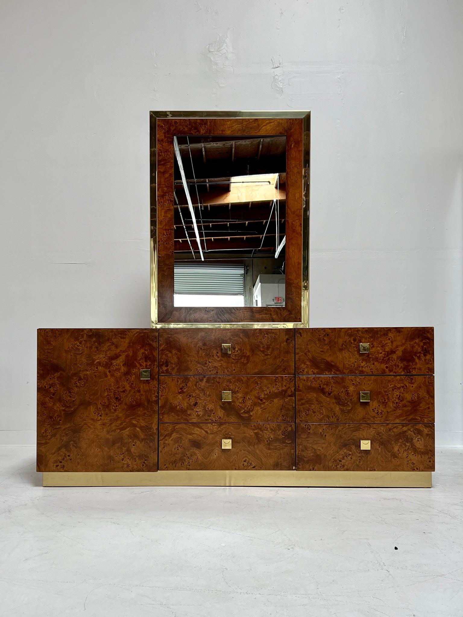 1970s Milo Baughman for Founders Burl Wood and Brass Buffet Credenza Dresser 4