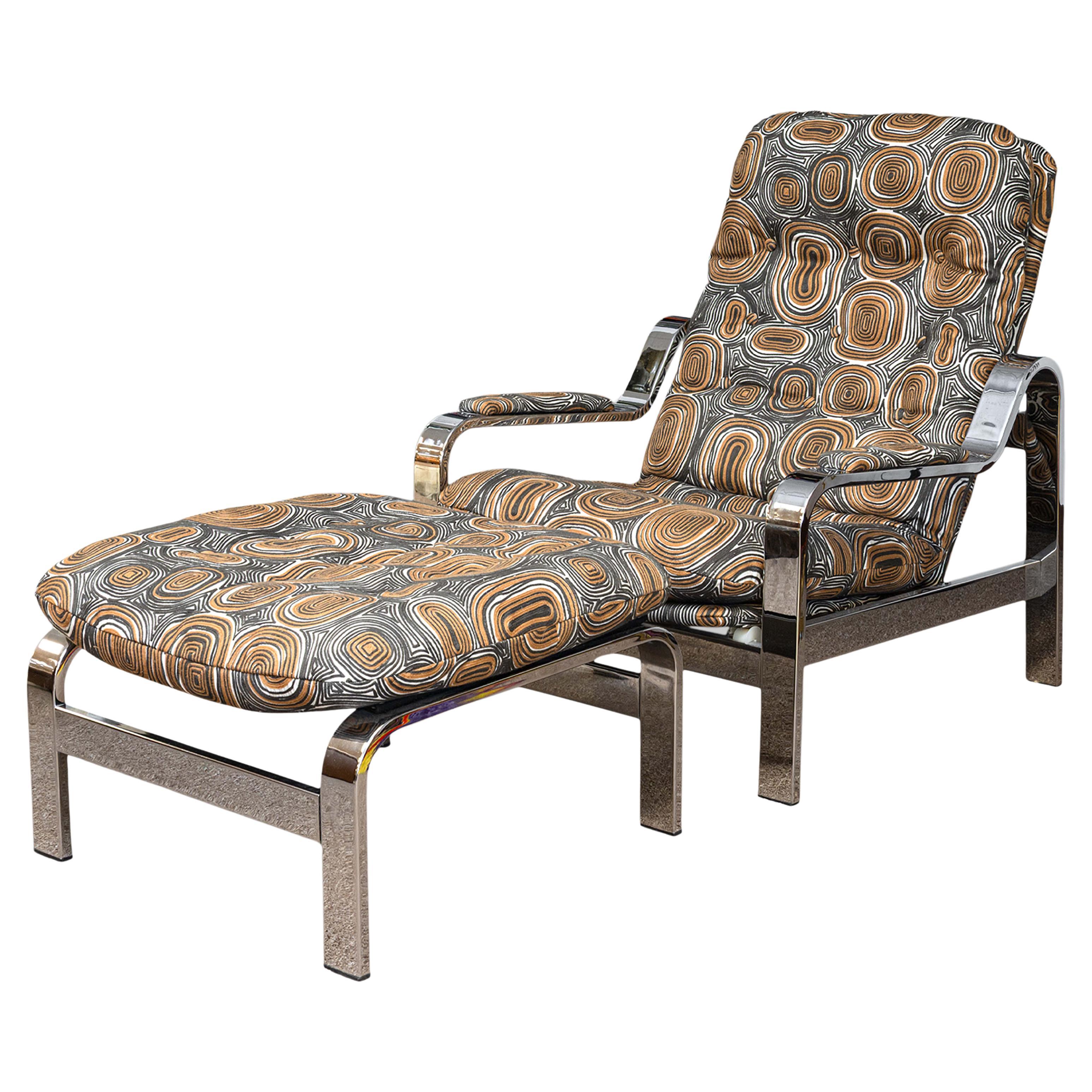 1970s Milo Baughman for Selig Reclining Chrome Modern Lounge Chair and Ottoman