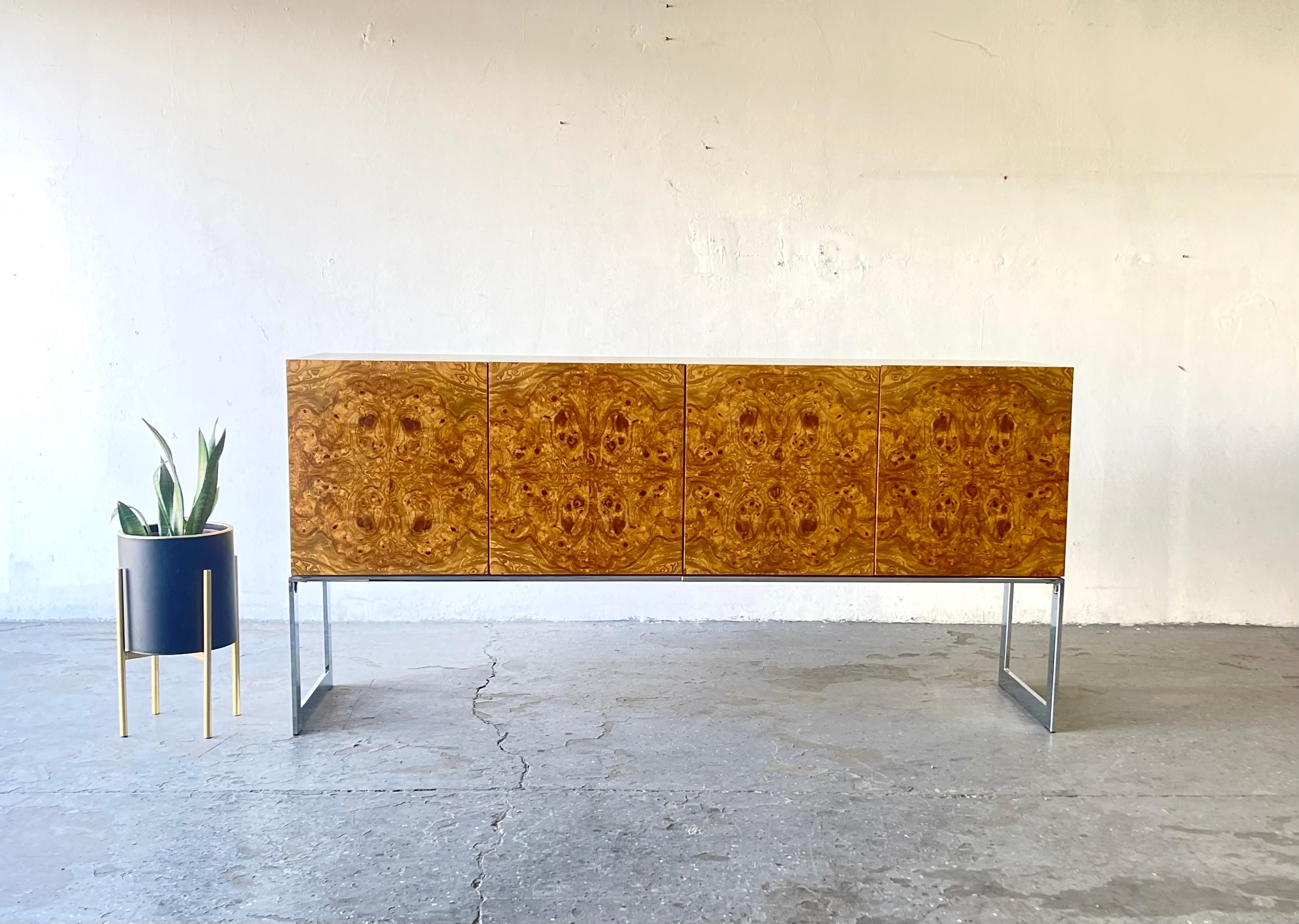 American 1970s Milo Baughman for Thayer Coggin Burl Wood and  Chrome Credenza