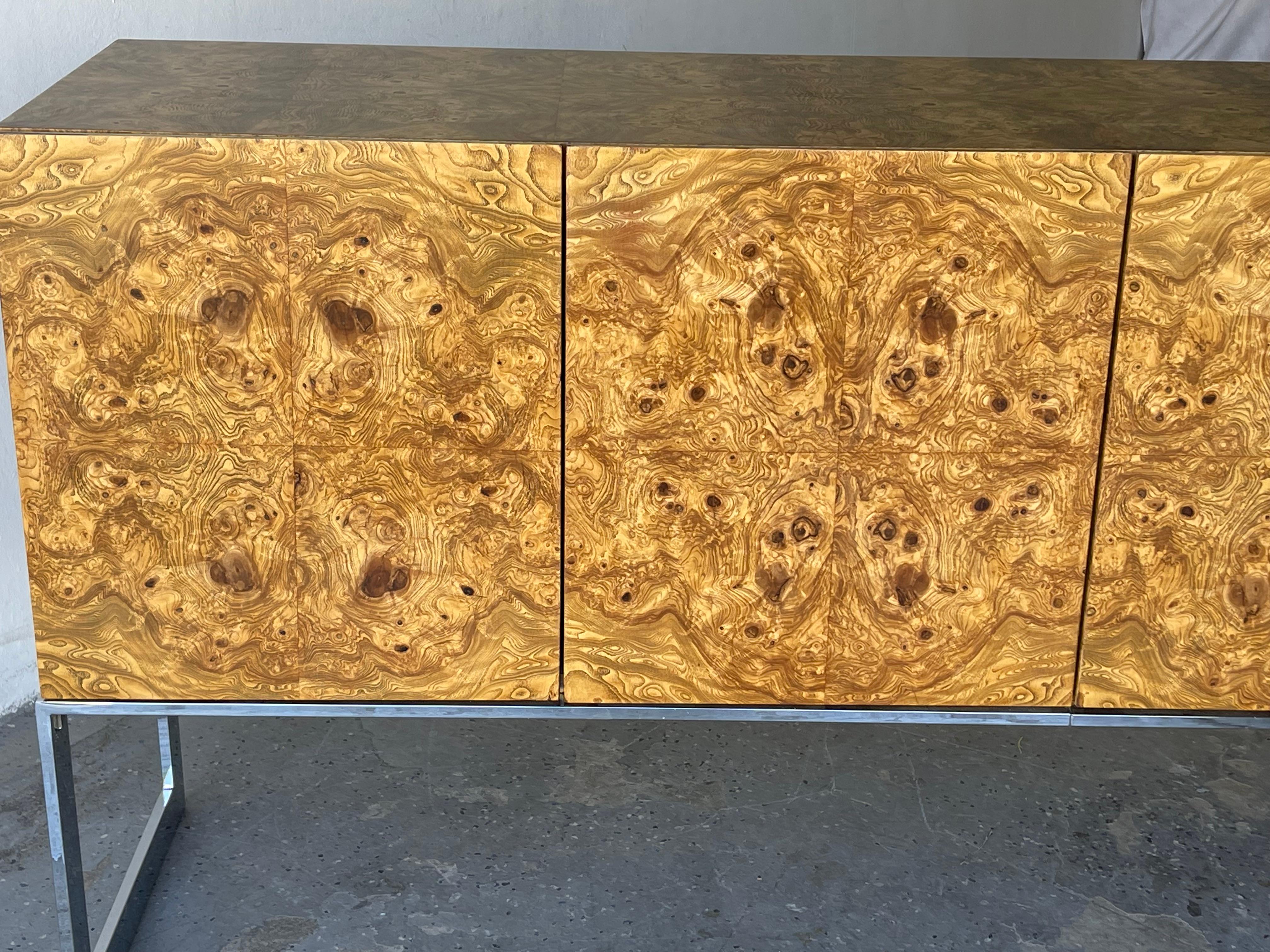 1970s Milo Baughman for Thayer Coggin Burl Wood and  Chrome Credenza 2