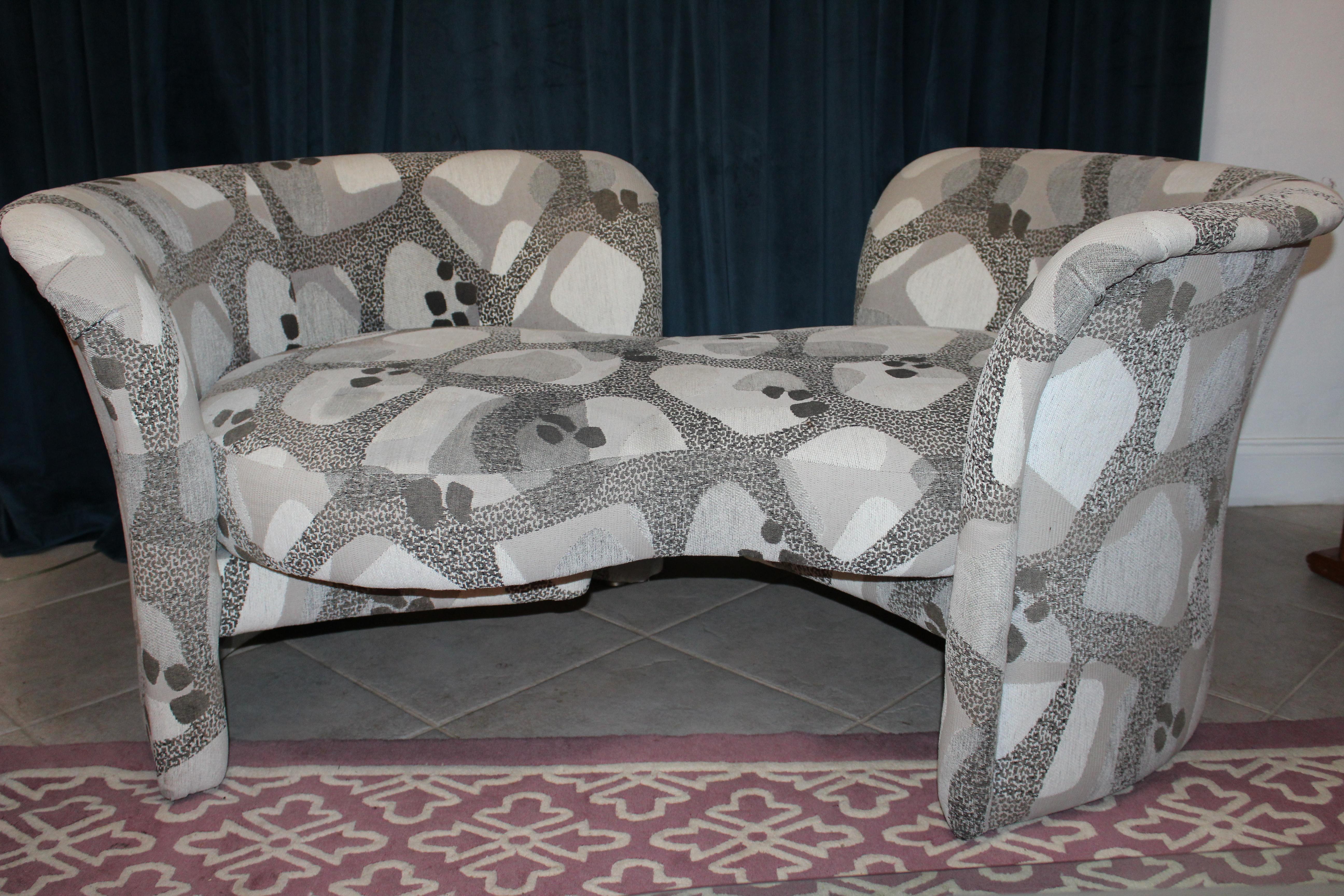 One of a kind sculptural design love seat Thayer Coggin by Milo Baughman . Original gray and white upholstery in excellent vintage condition. Can be refigured in multiple ways. Matching pillows included. Upholstered on all sides. This settee