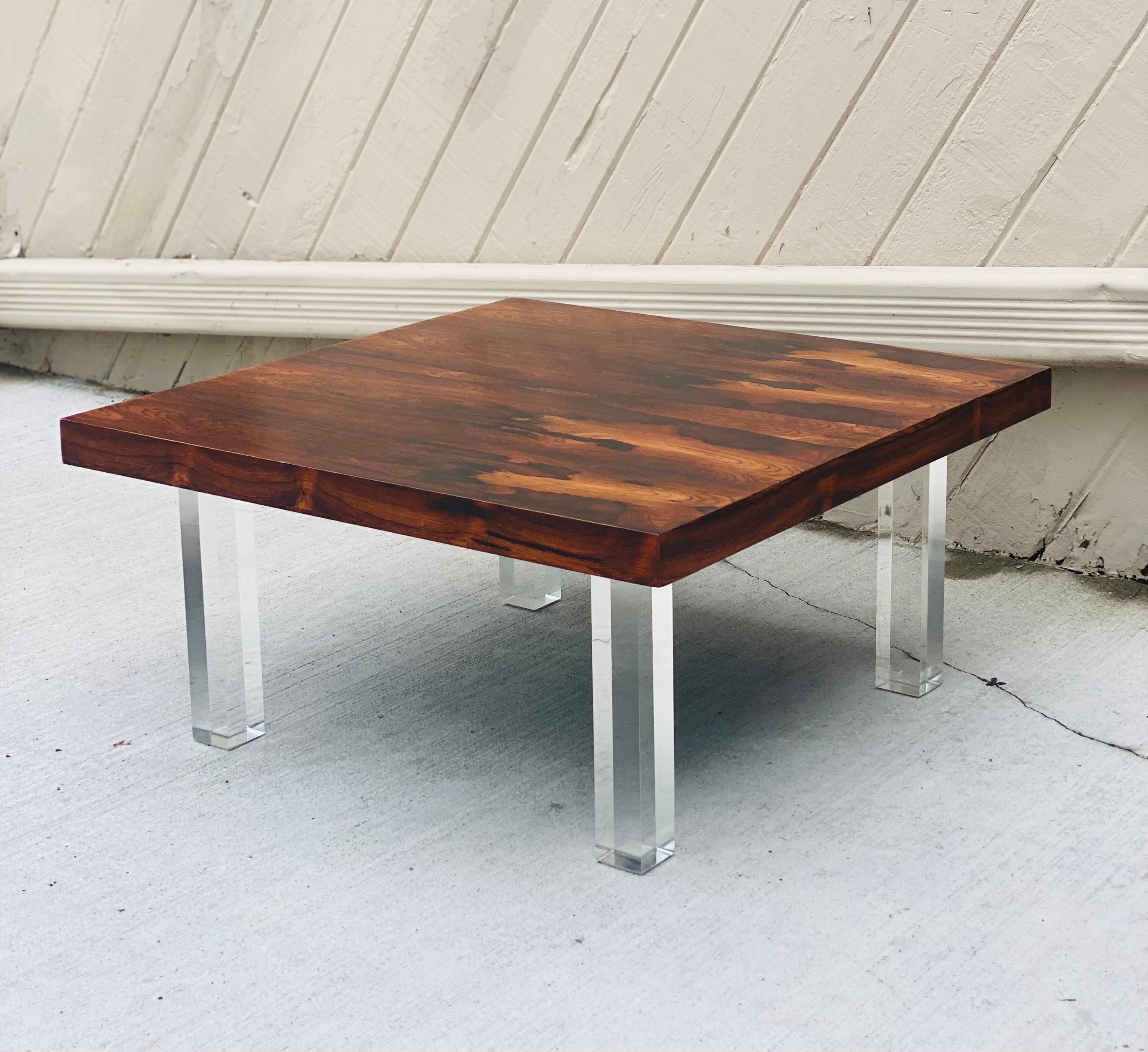 1970s Milo Baughman for Thayer Coggin Rosewood and Lucite Square Coffee Table For Sale 3