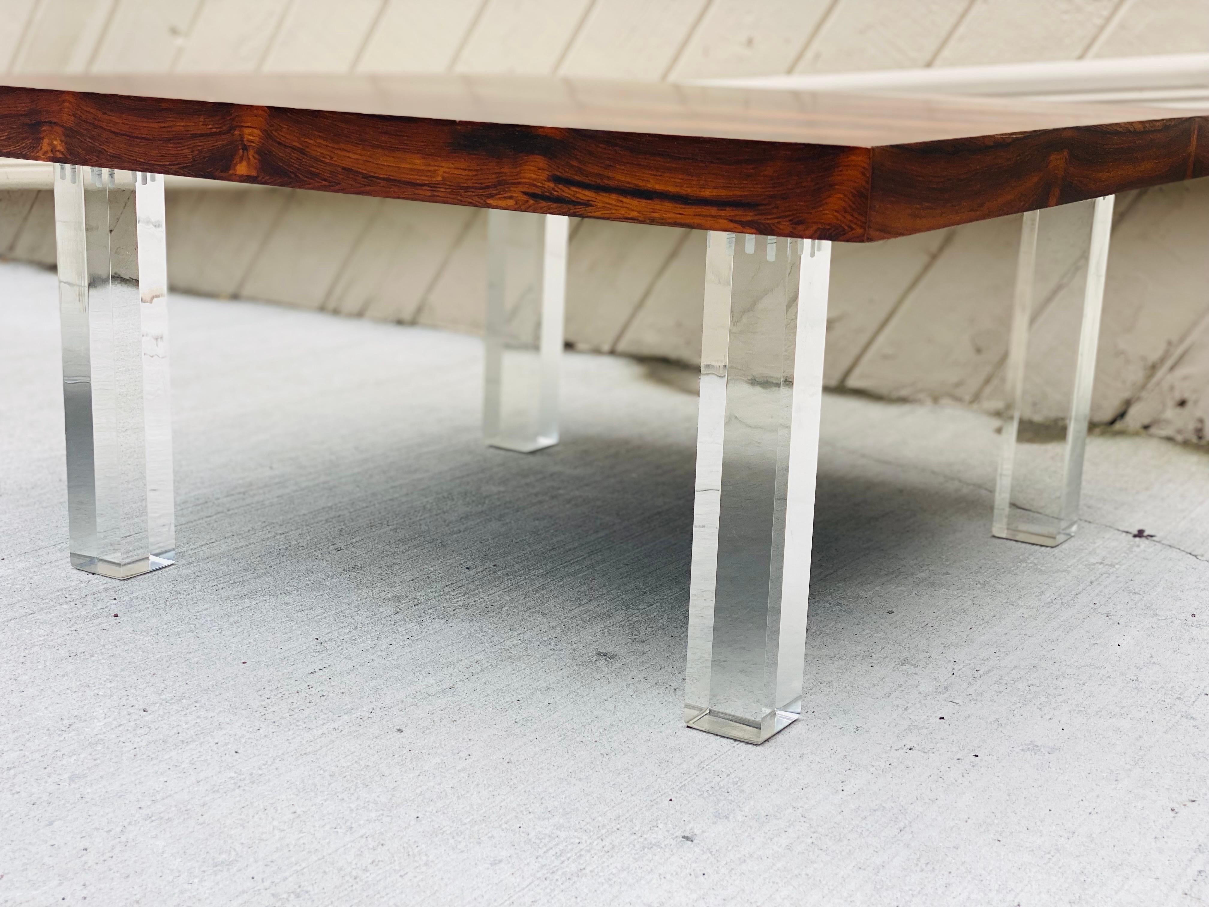 1970s Milo Baughman for Thayer Coggin Rosewood and Lucite Square Coffee Table For Sale 4