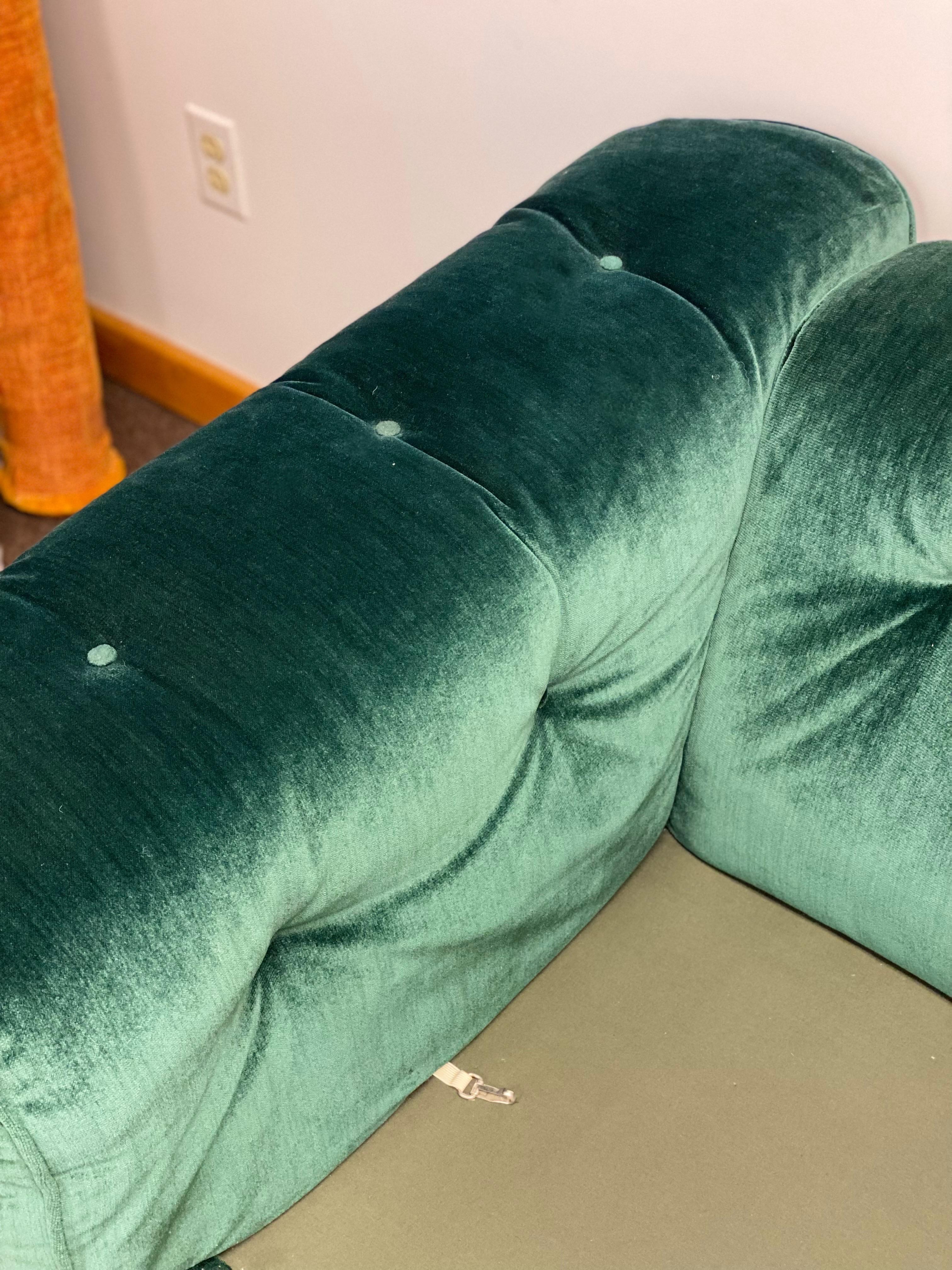 Modern 1970s Milo Baughman for Thayer Coggin Tufted Green Velvet & Chrome Wrapped Sofa For Sale