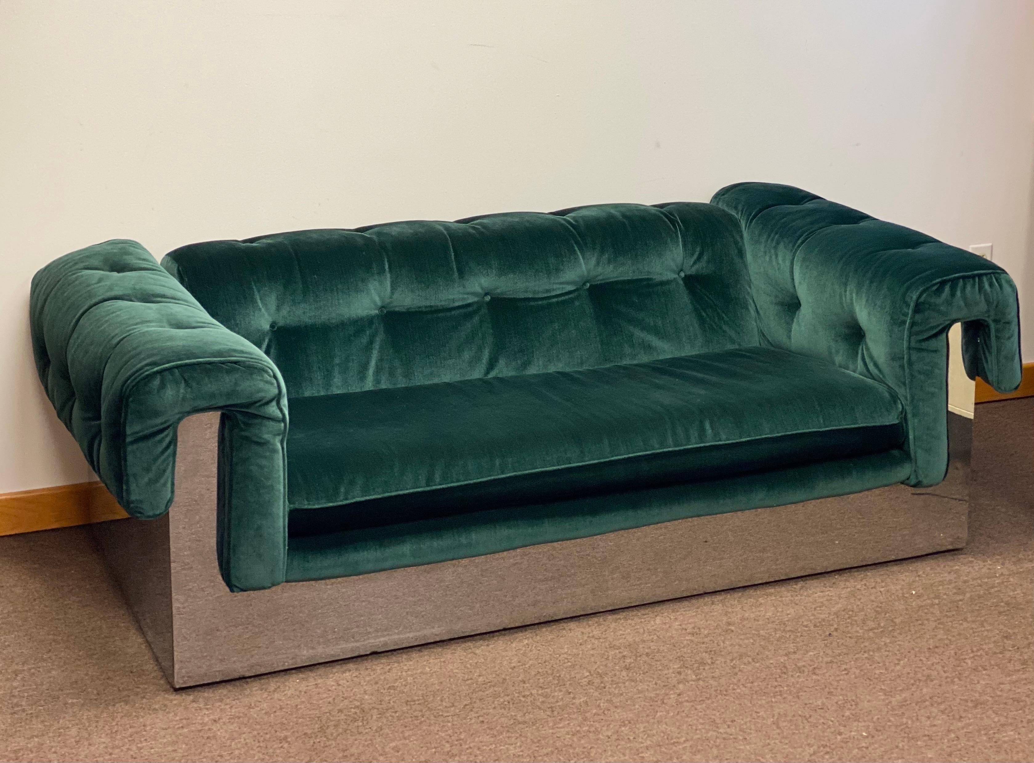 Modern 1970s Milo Baughman for Thayer Coggin Tufted Green Velvet & Chrome Wrapped Sofa For Sale