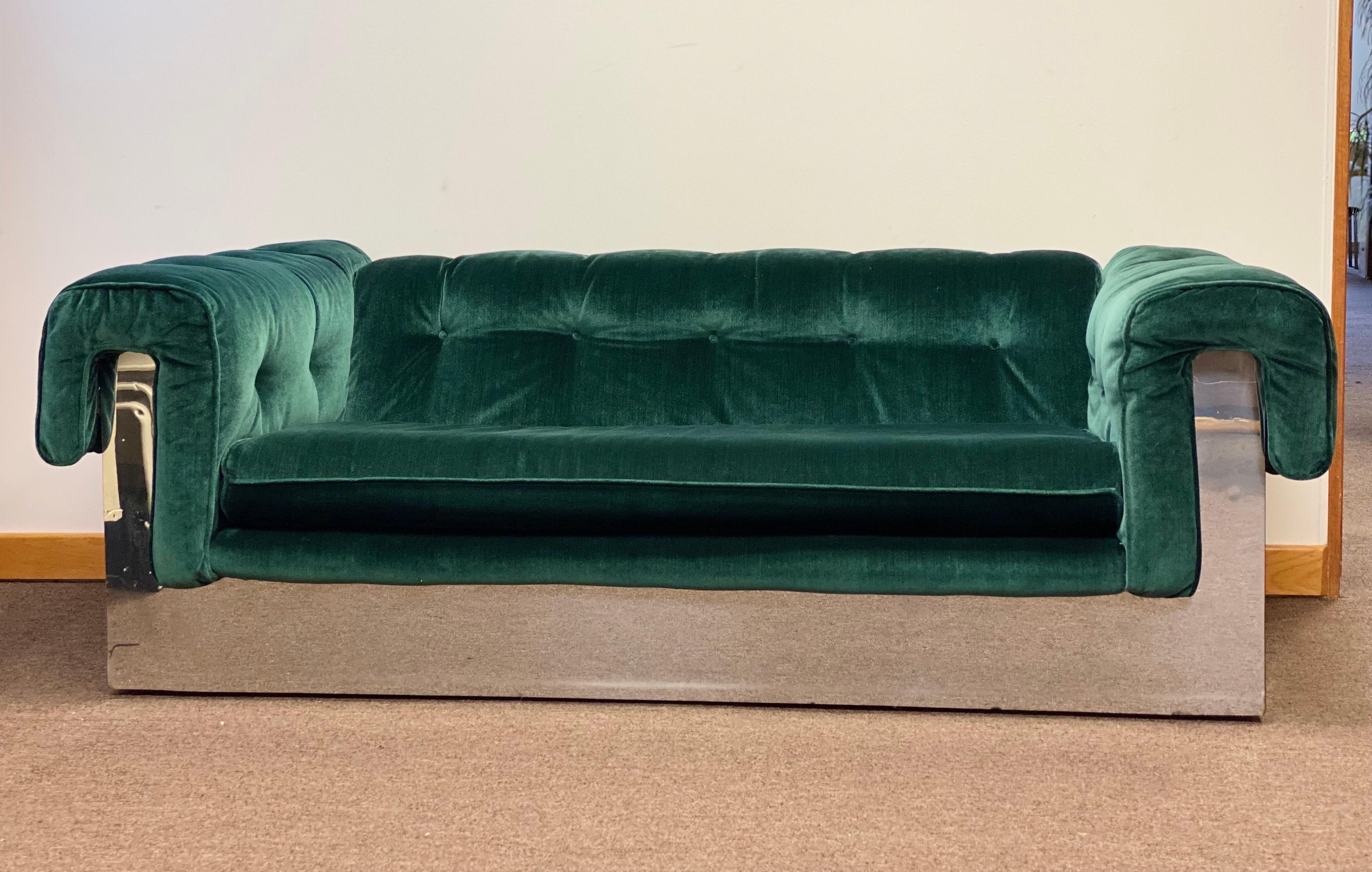 1970s Milo Baughman for Thayer Coggin Tufted Green Velvet & Chrome Wrapped Sofa For Sale 2