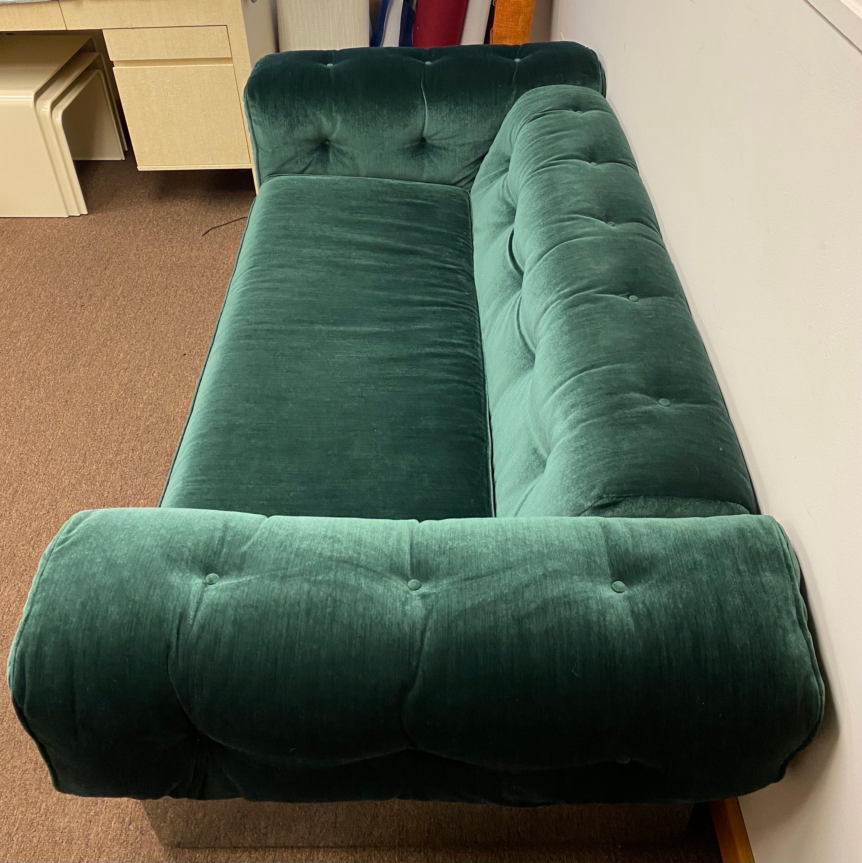 1970s Milo Baughman for Thayer Coggin Tufted Green Velvet & Chrome Wrapped Sofa For Sale 2